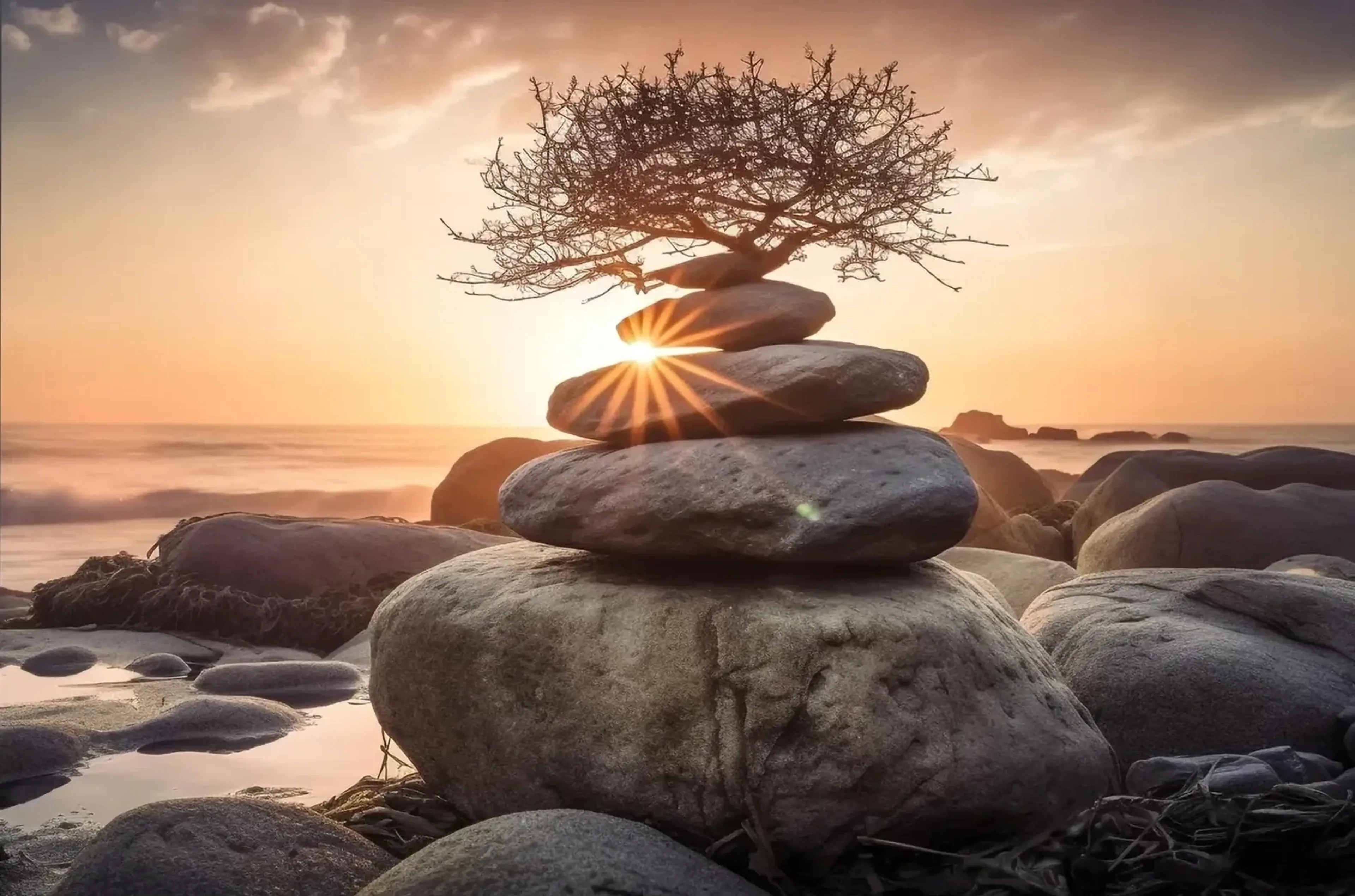 Ein kahler Baum steht auf gestapelten Steinen am Meer, zwischen denen die tief stehende Sonne hervorstrahlt.