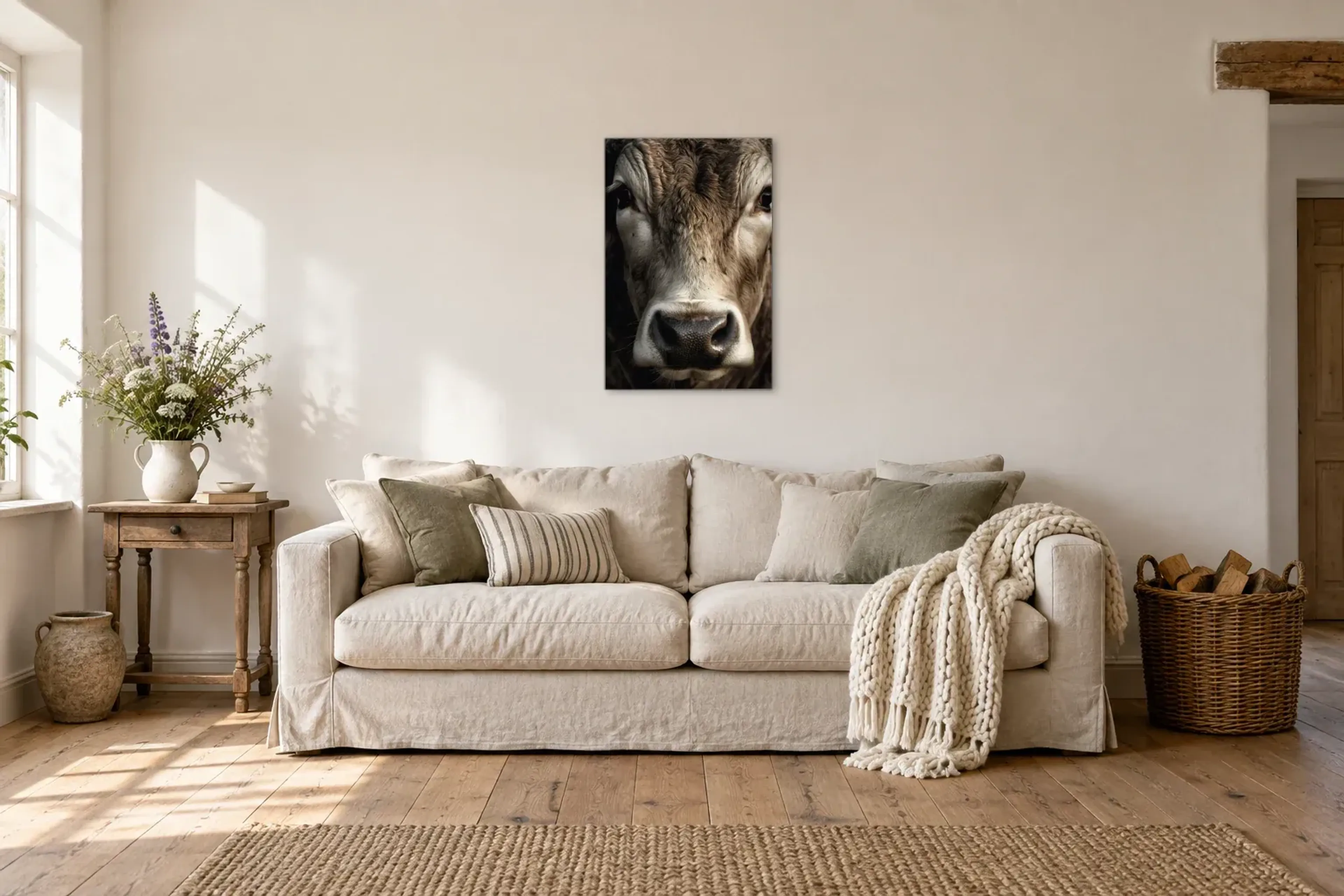 Kuh Portrait als Wandbild über einem 220-cm-Sofa