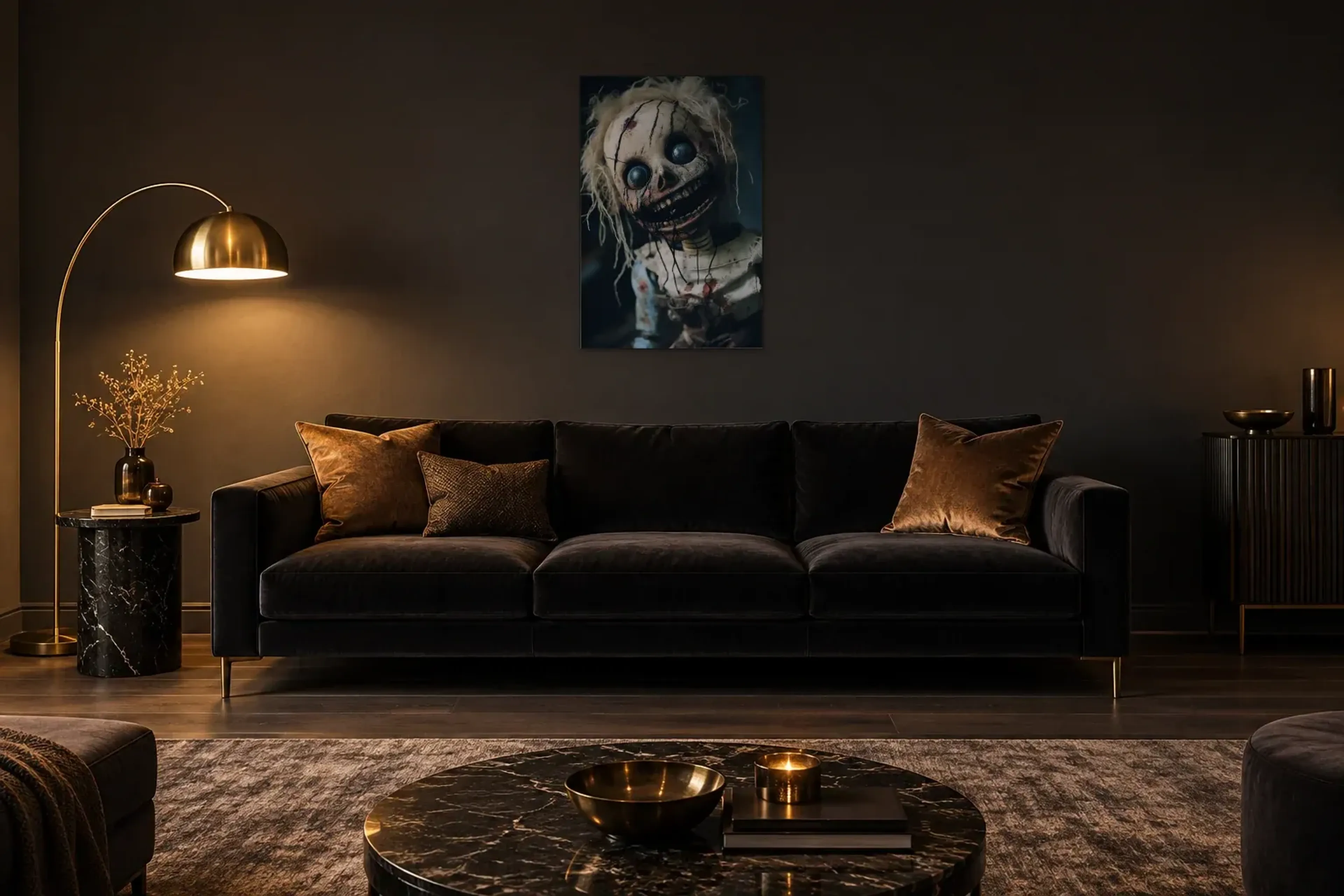 Puppe mit starrem Grinsen als Wandbild über einem 220-cm-Sofa