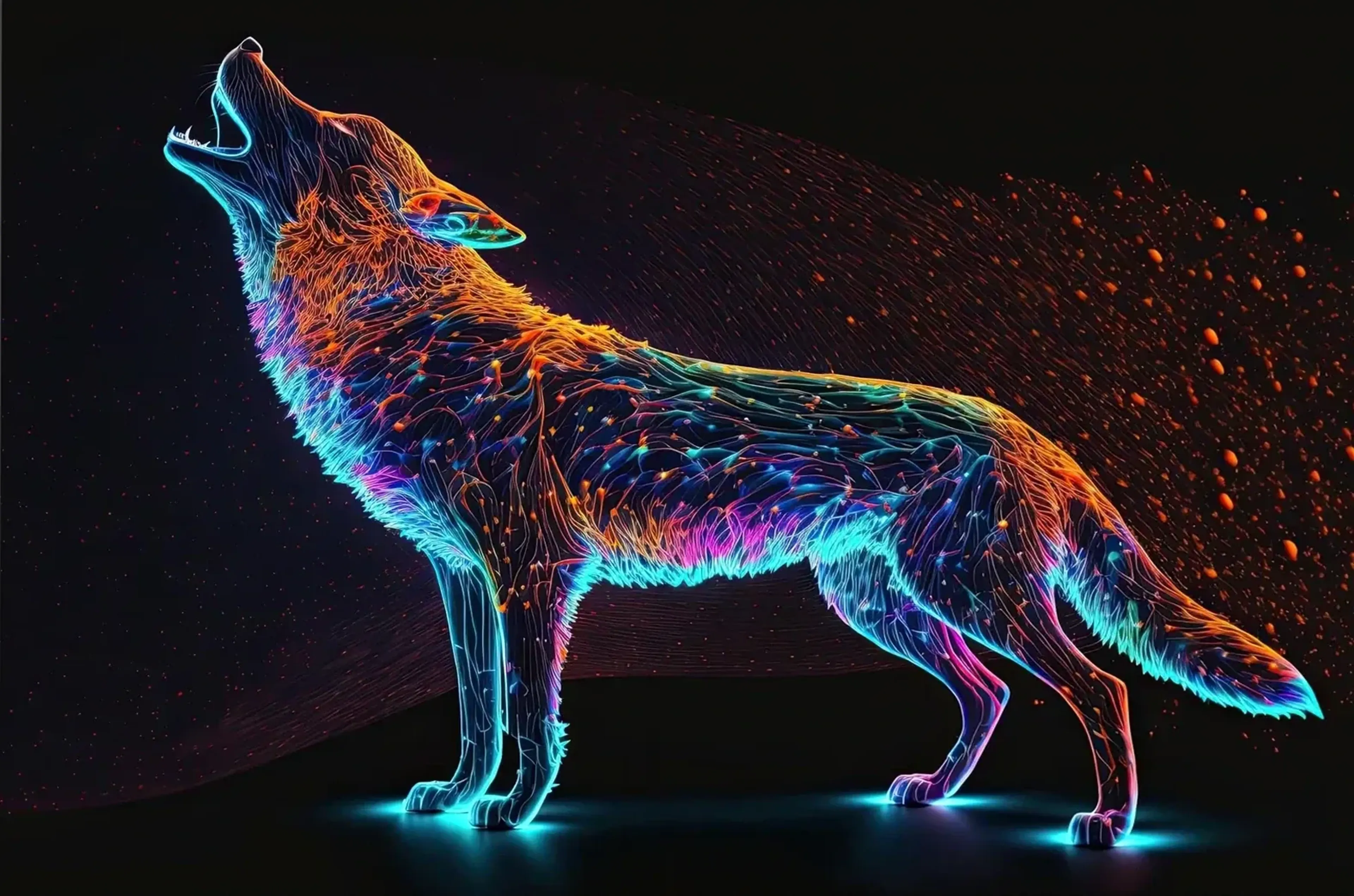 Heulender Wolf im Profil mit türkisfarbenen, orangefarbenen und pinken Felllinien vor dunklem Hintergrund.