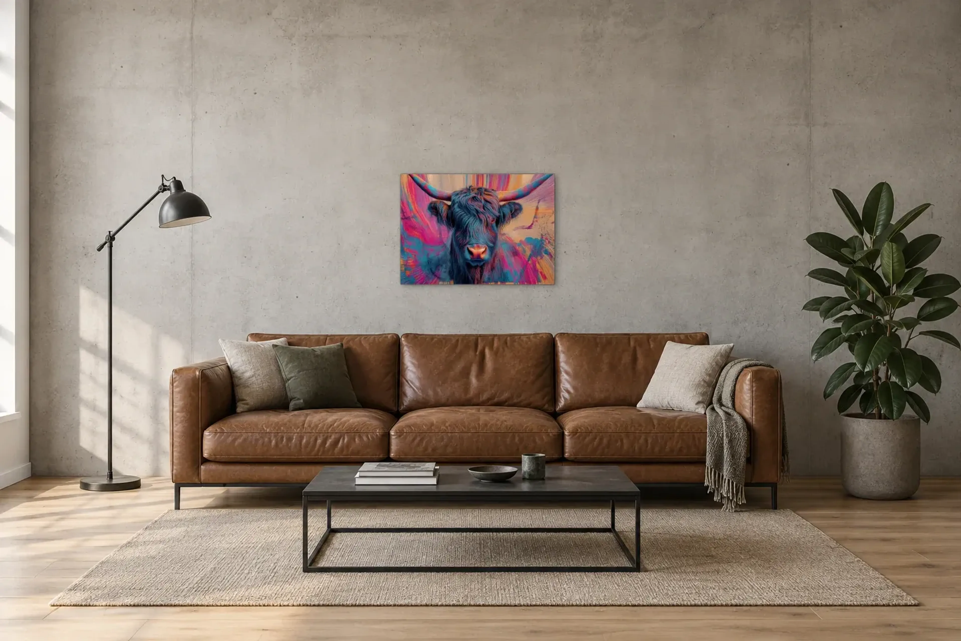 Hochlandrind im Farbenwirbel als Wandbild über einem 220-cm-Sofa
