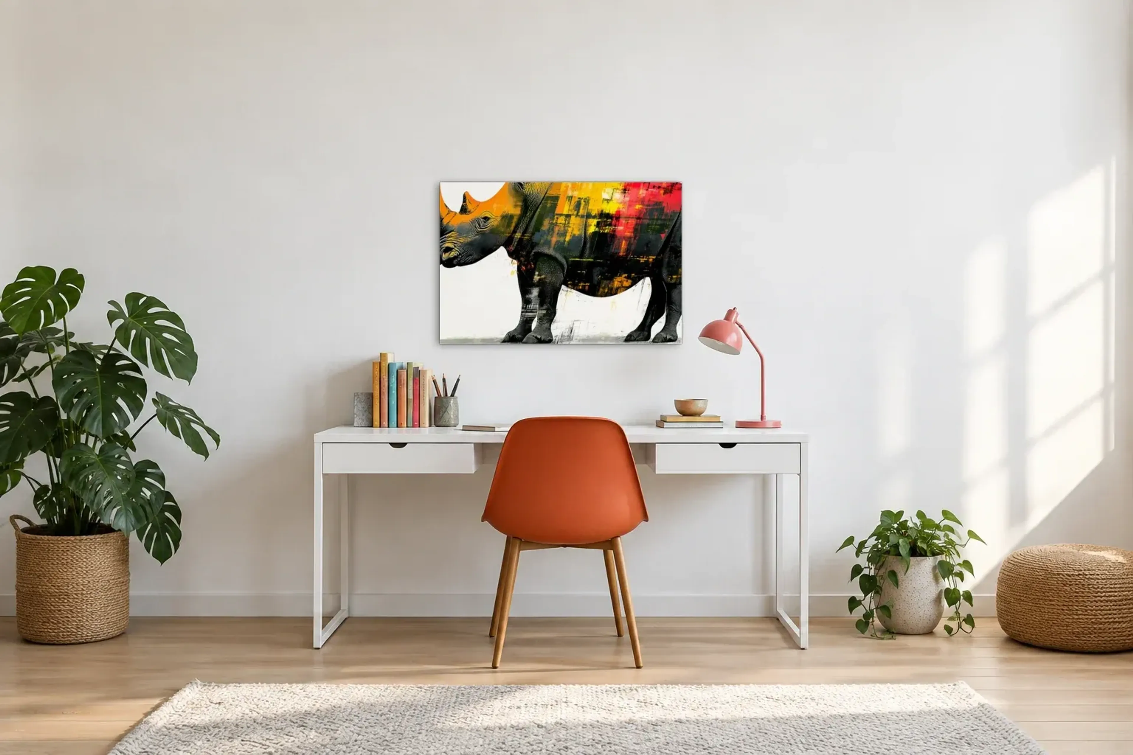 Nashorn in Nahansicht als Wandbild über einem 140-cm-Schreibtisch