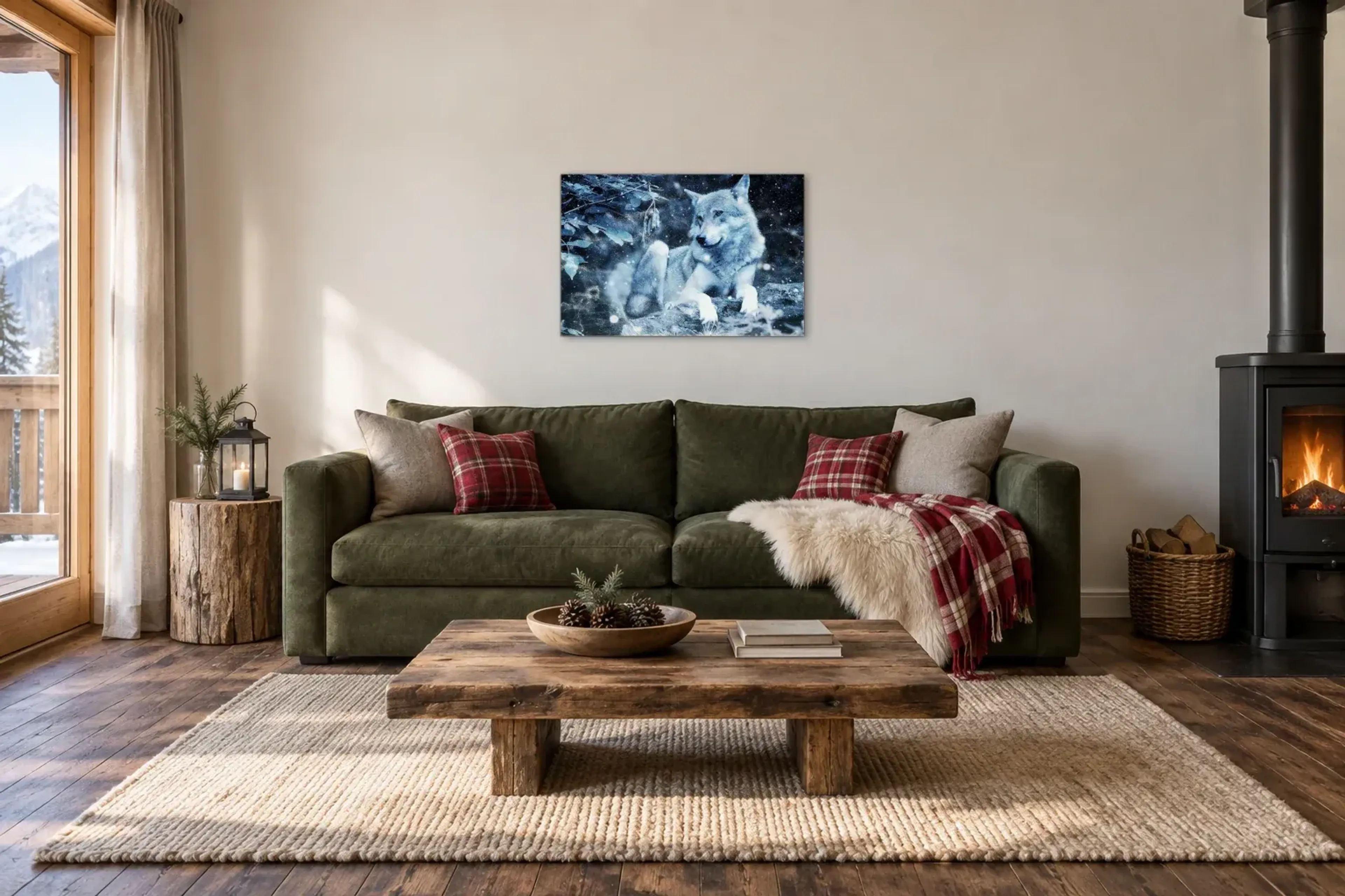 Wolf im Schneegestöber als Wandbild über einem 220-cm-Sofa