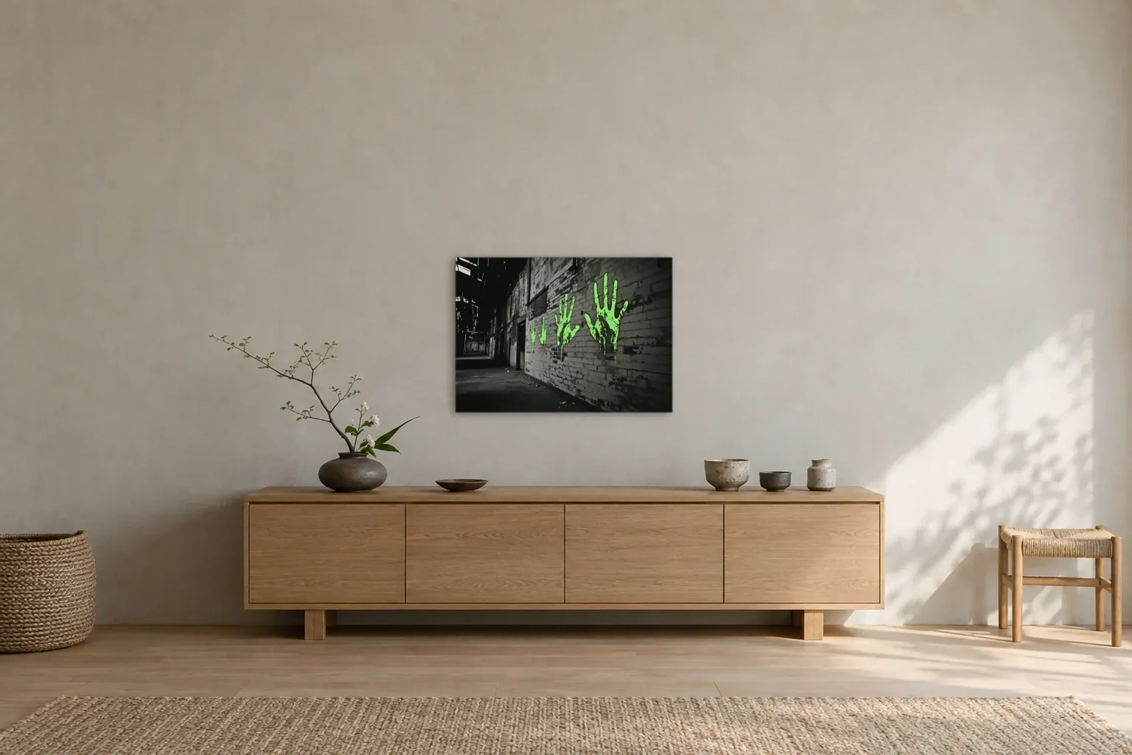 Grüne Hände auf Backstein als Wandbild über einem 180-cm-Sideboard