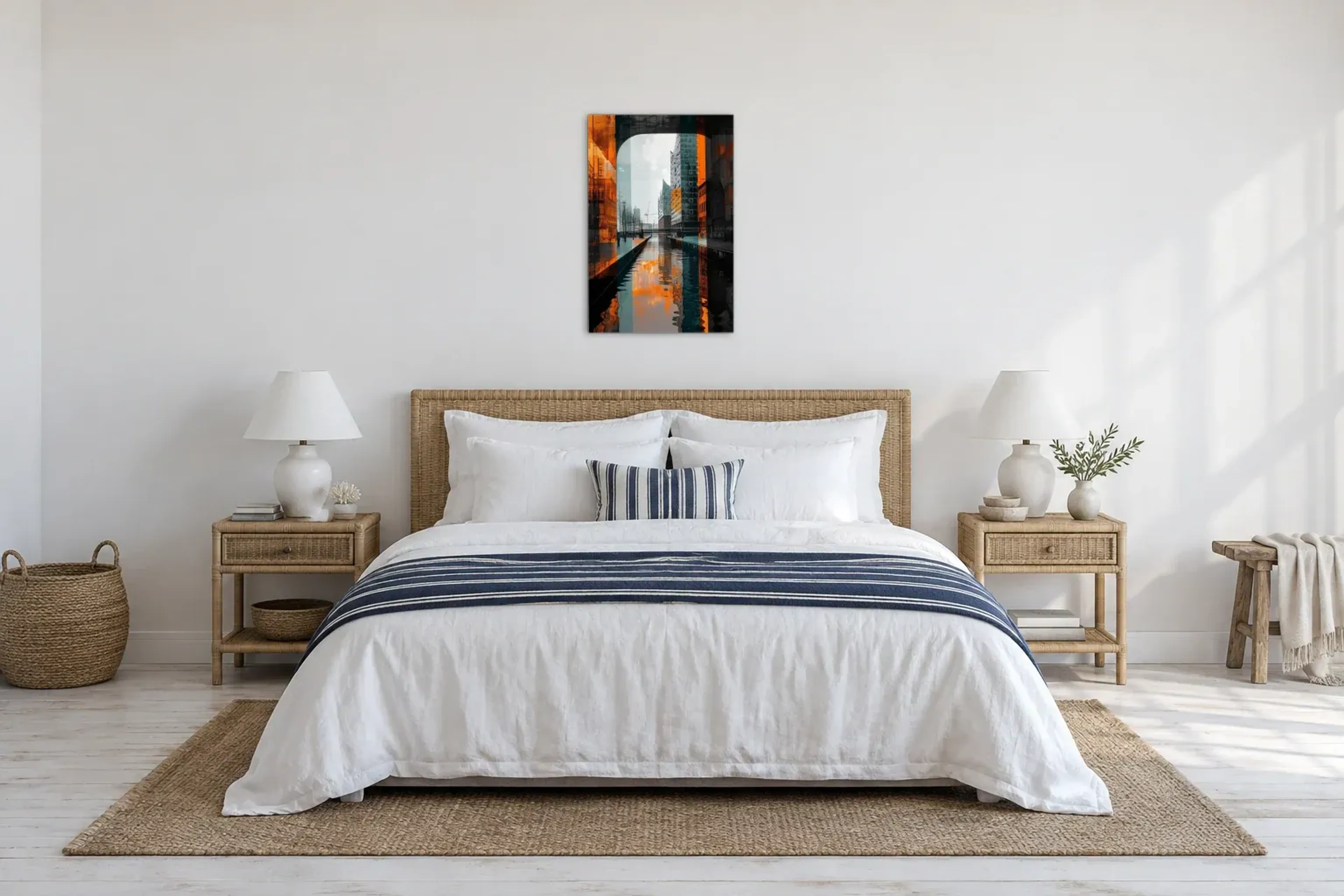 Hafenkanal in Orange als Wandbild über einem 180-cm-Bett