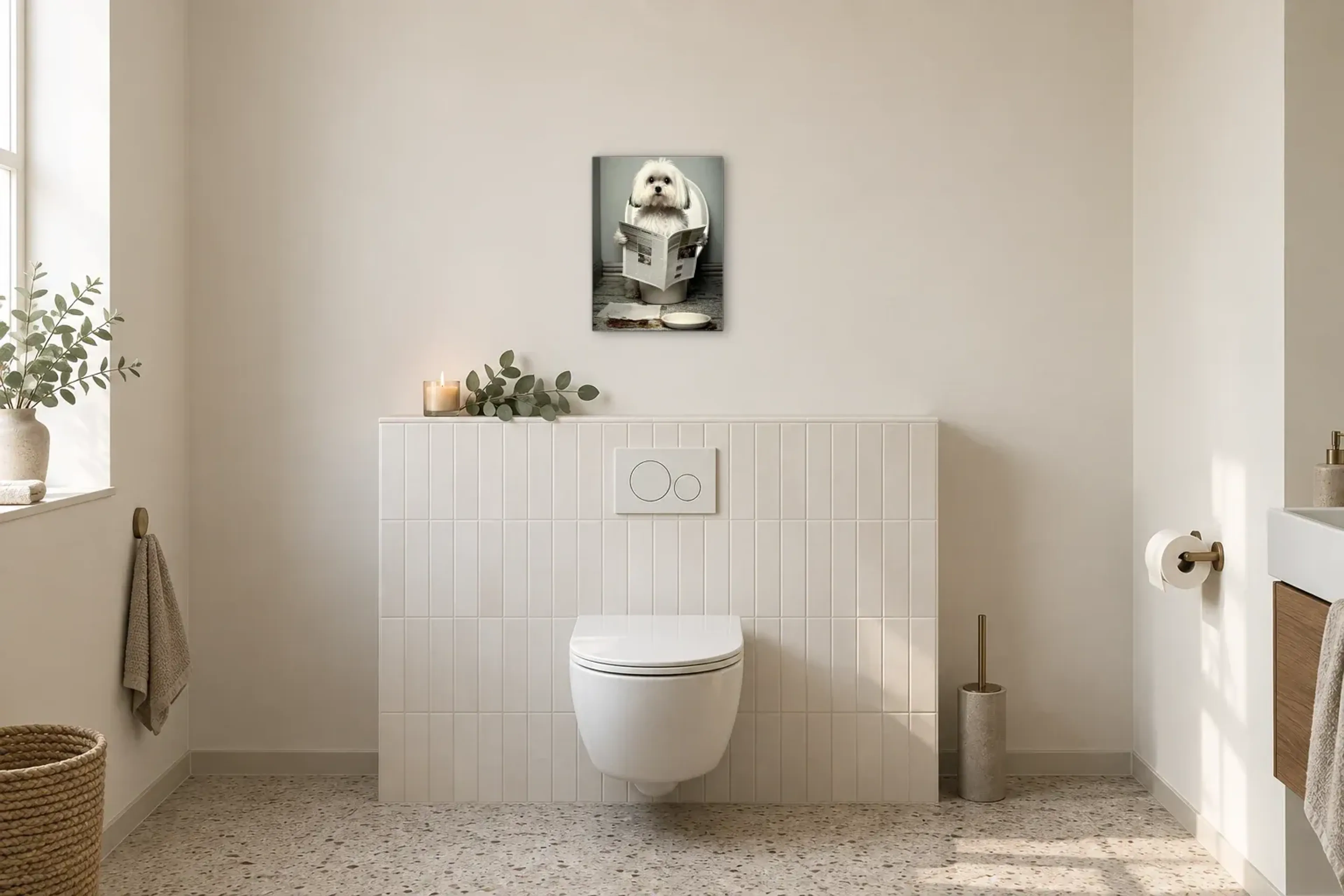 Malteser mit Zeitung als Wandbild im Gäste-WC