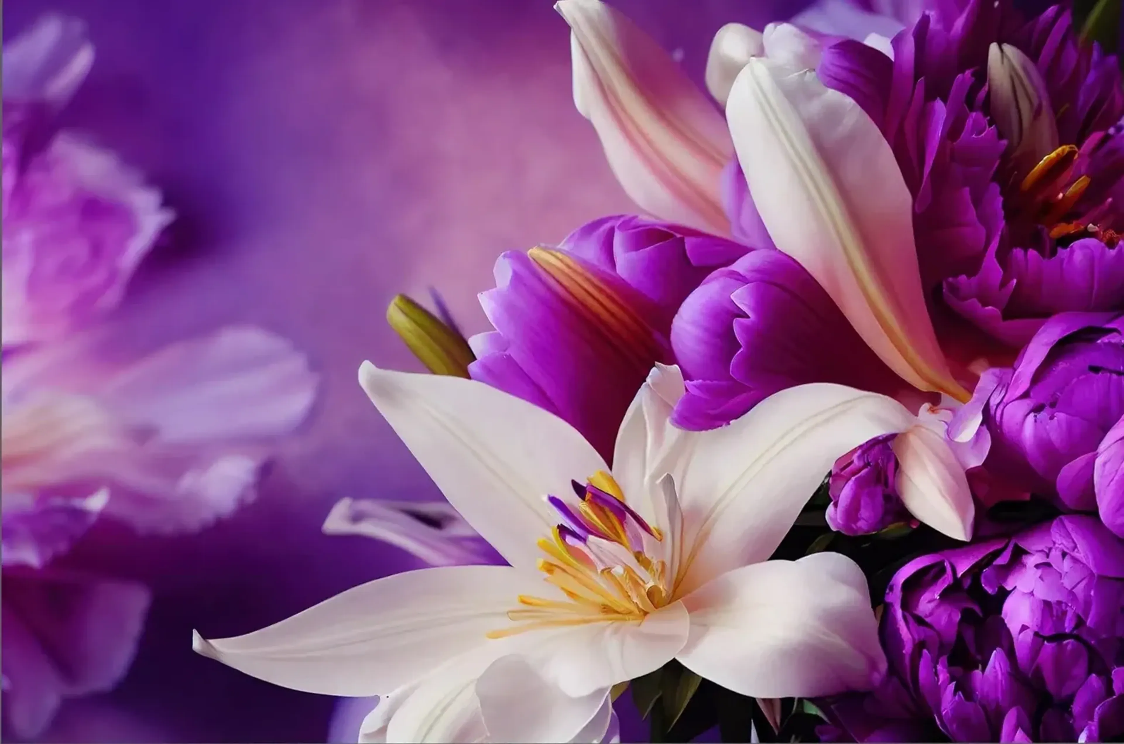 Weiße Lilien zwischen violetten Blüten und geschlossenen Knospen vor einem unscharfen violetten Hintergrund.