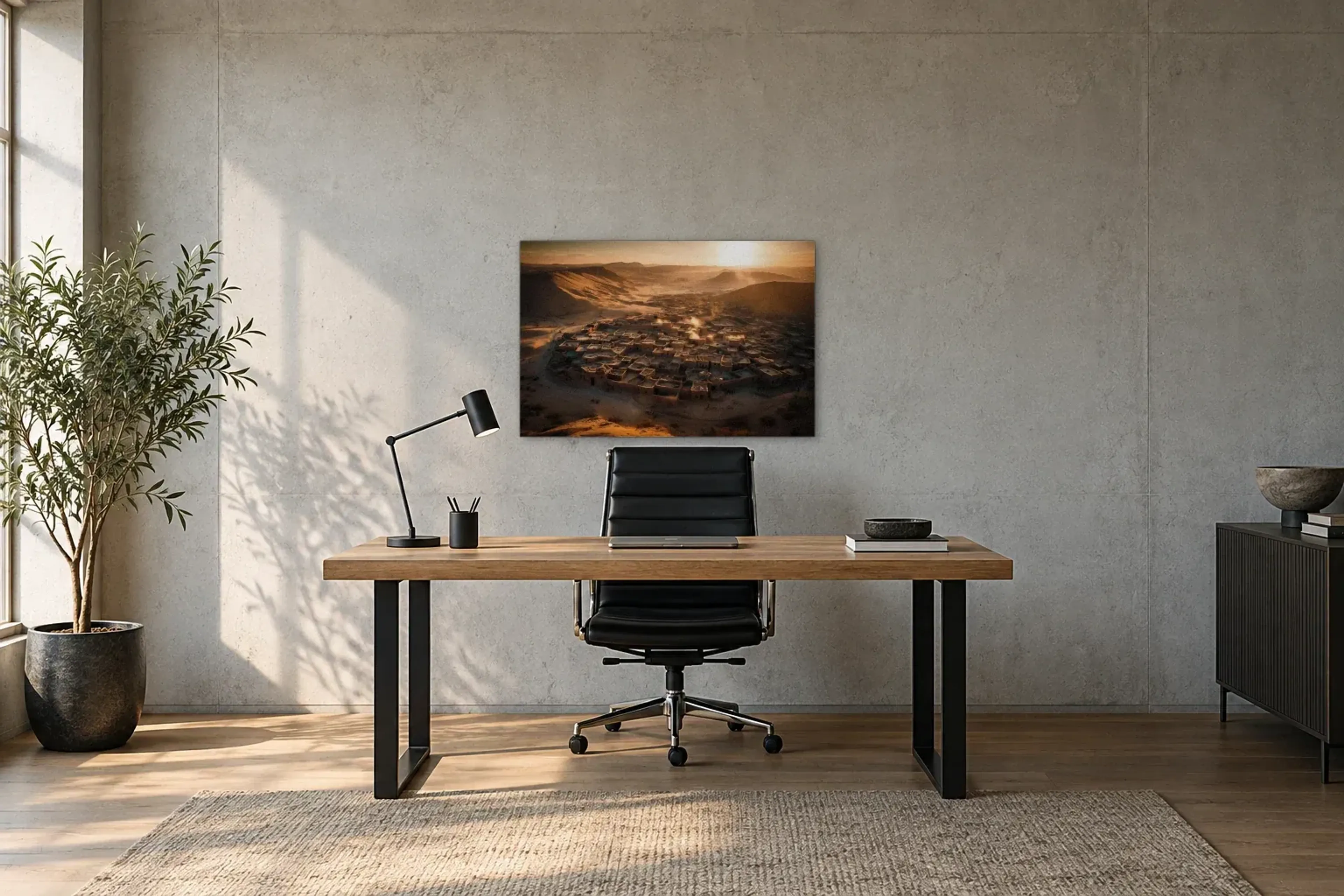 Stadt in der Wüste als Wandbild über einem 160-cm-Schreibtisch