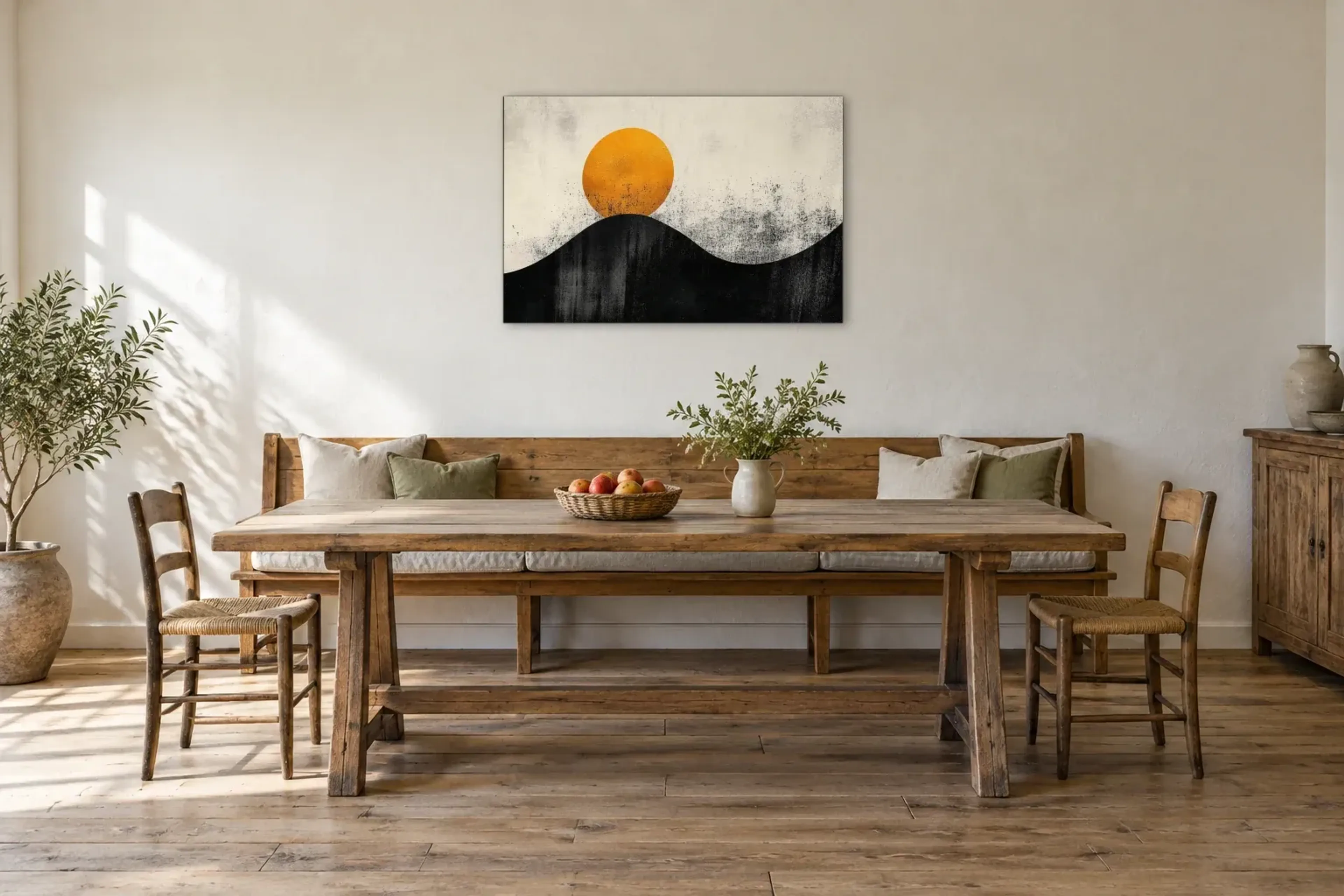 Sonne über Hügeln als Wandbild über einer 200-cm-Sitzbank