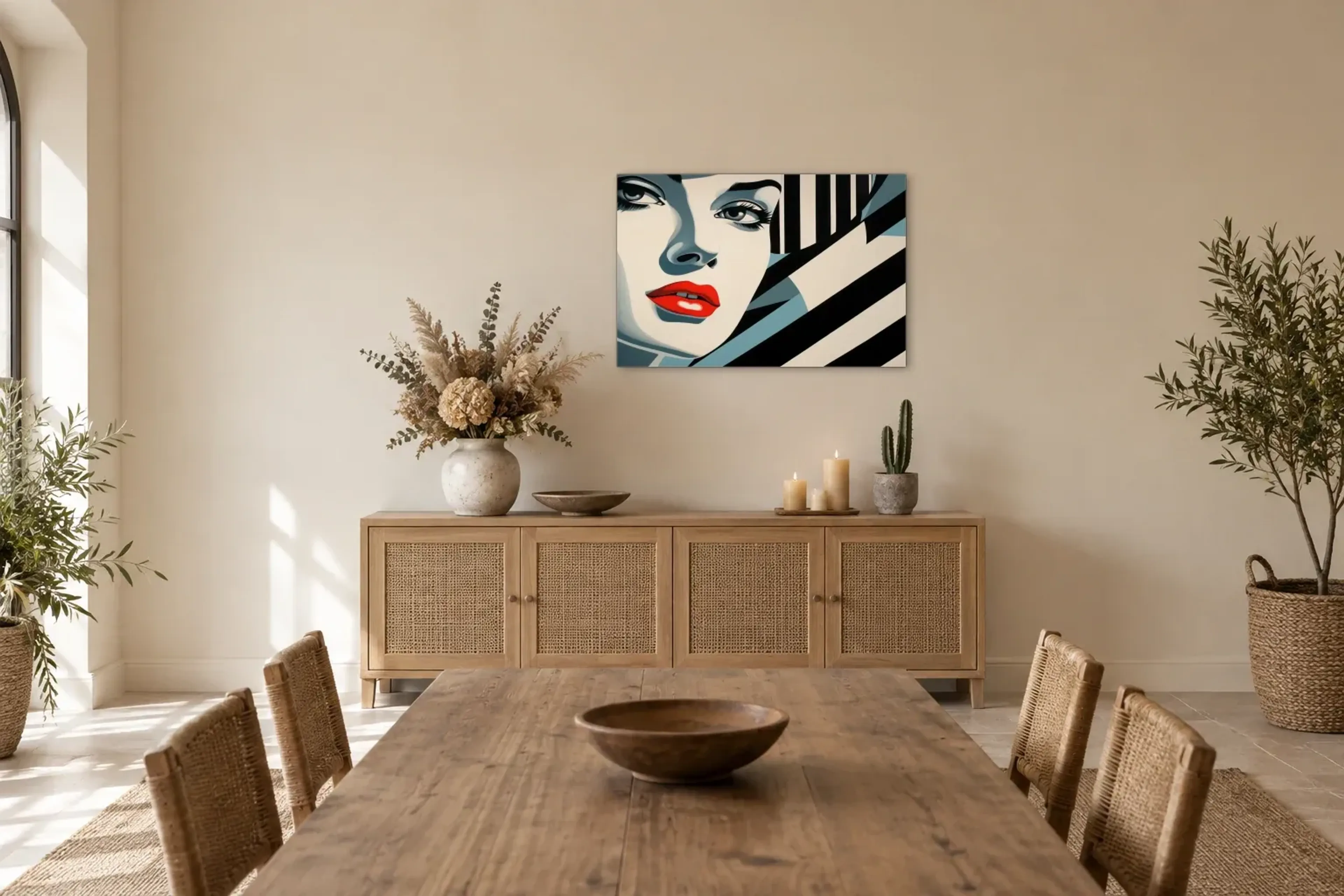 Rote Lippen in Pop-Art als Wandbild über einem 160-cm-Sideboard