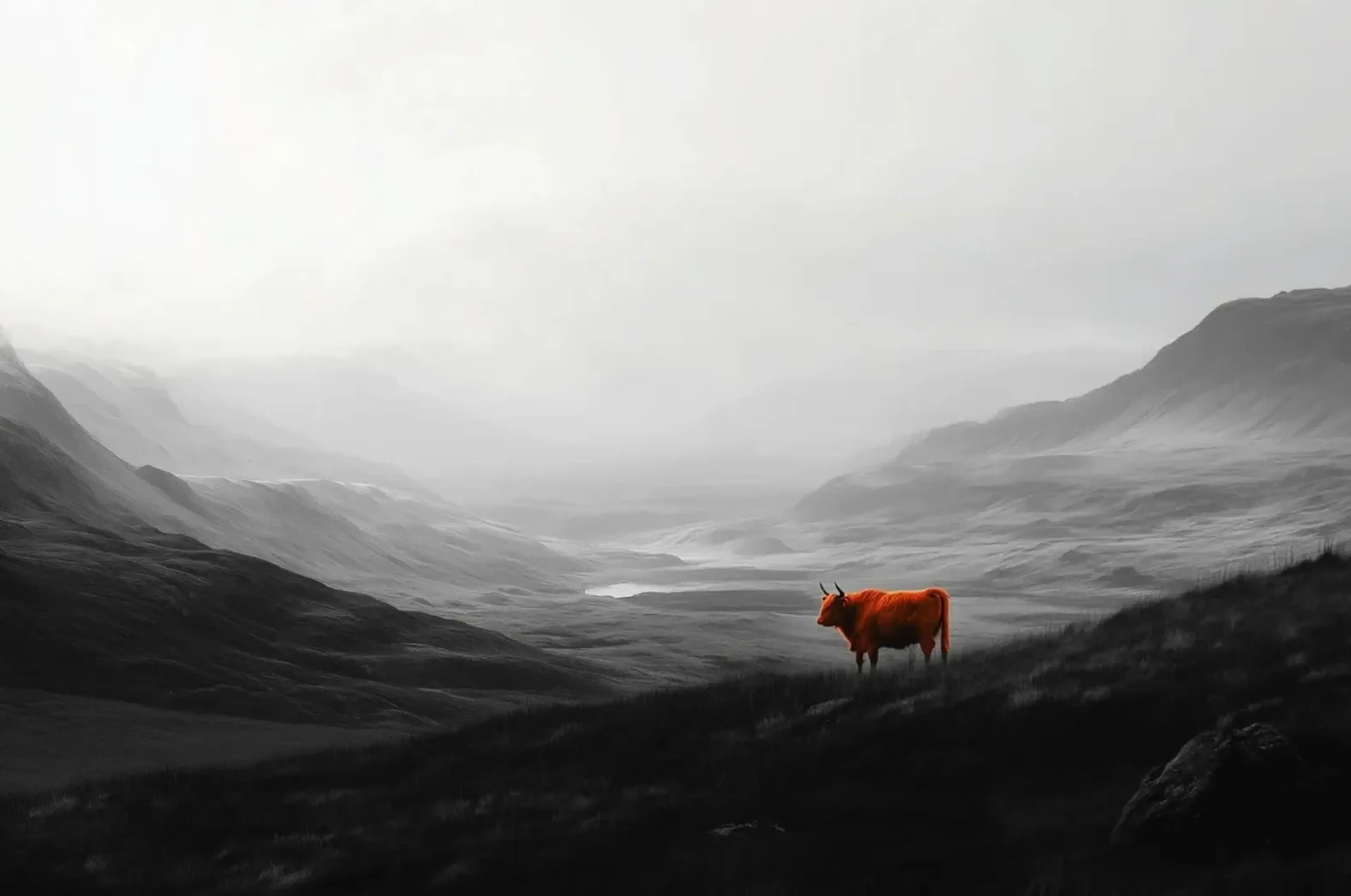Ein rotbraunes Hochlandrind steht auf einem dunklen Hang vor einem nebligen Bergtal in Schwarz-Weiß.
