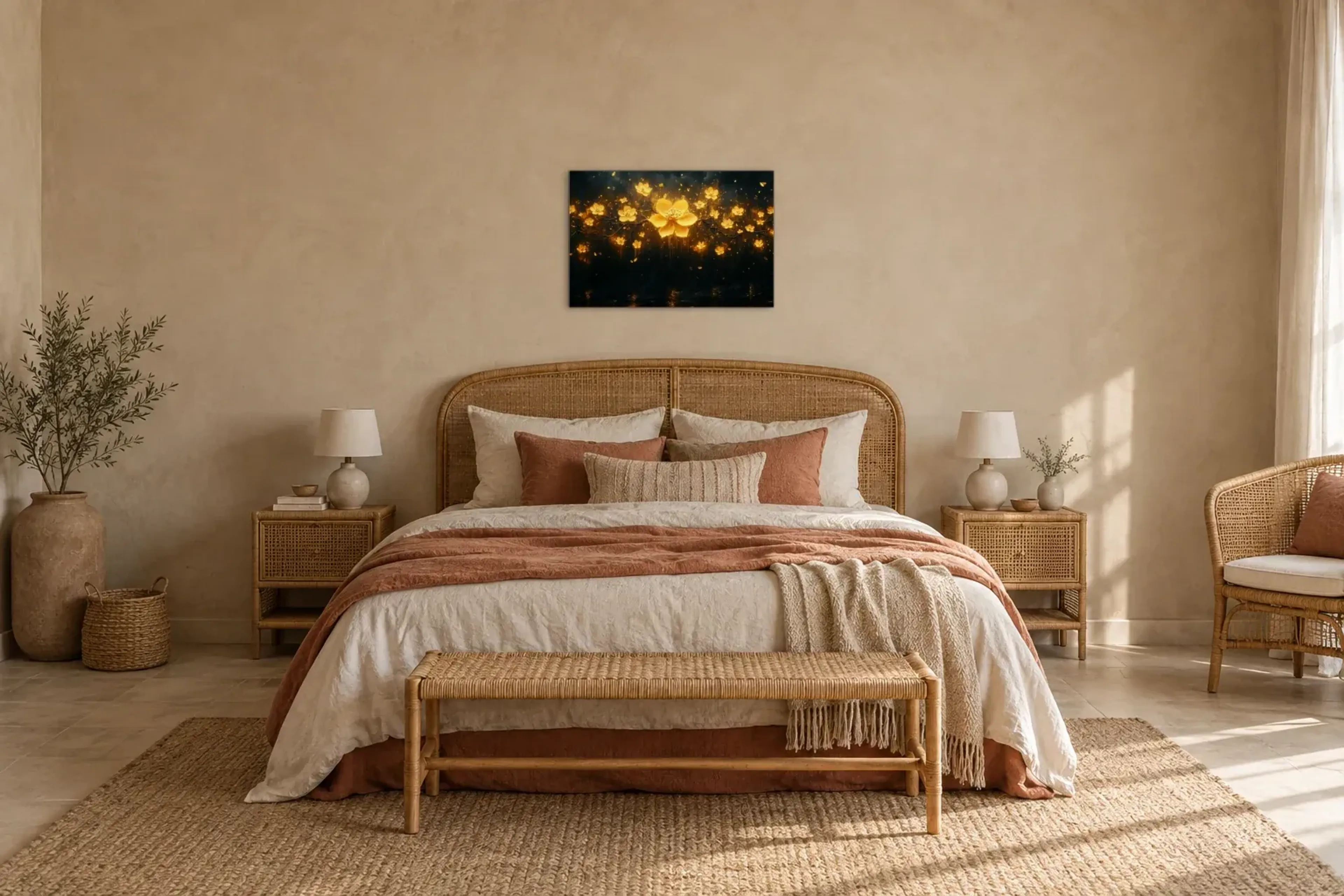 Goldene Blüte als Wandbild über einem 180-cm-Bett