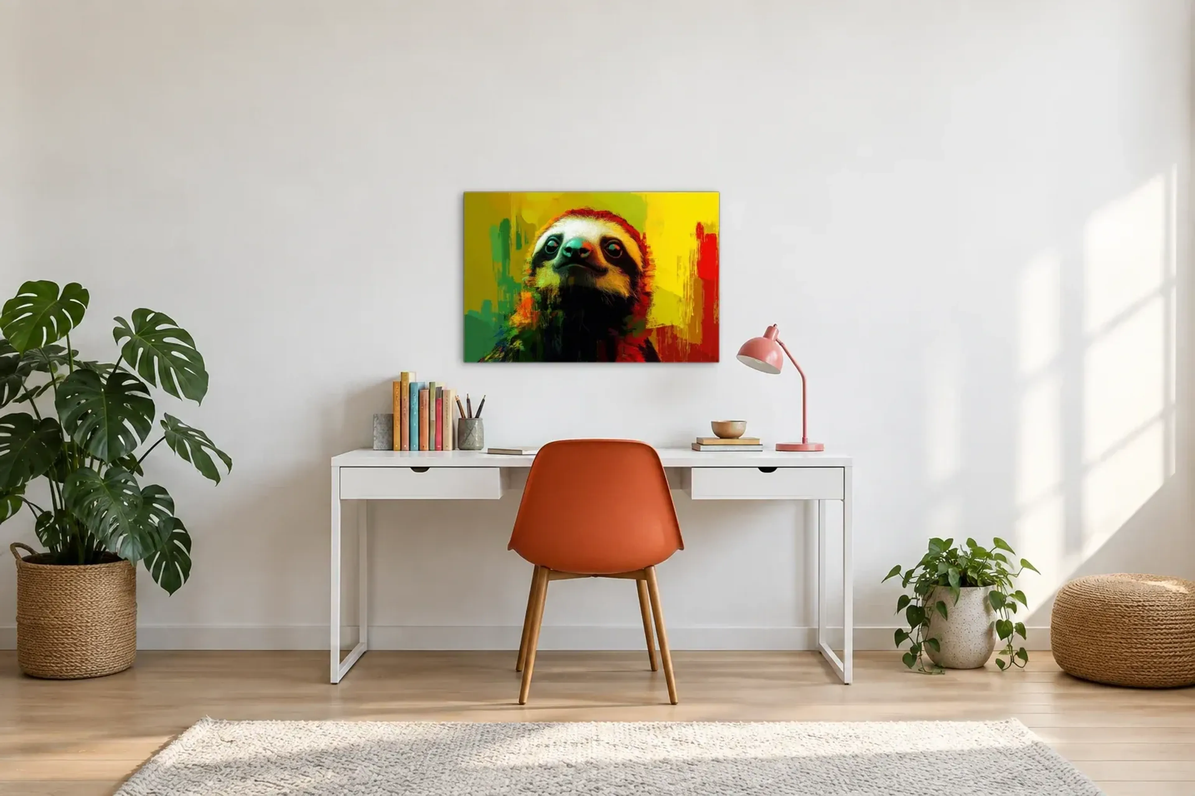 Faultier vor Sonnengelb als Wandbild über einem 140-cm-Schreibtisch