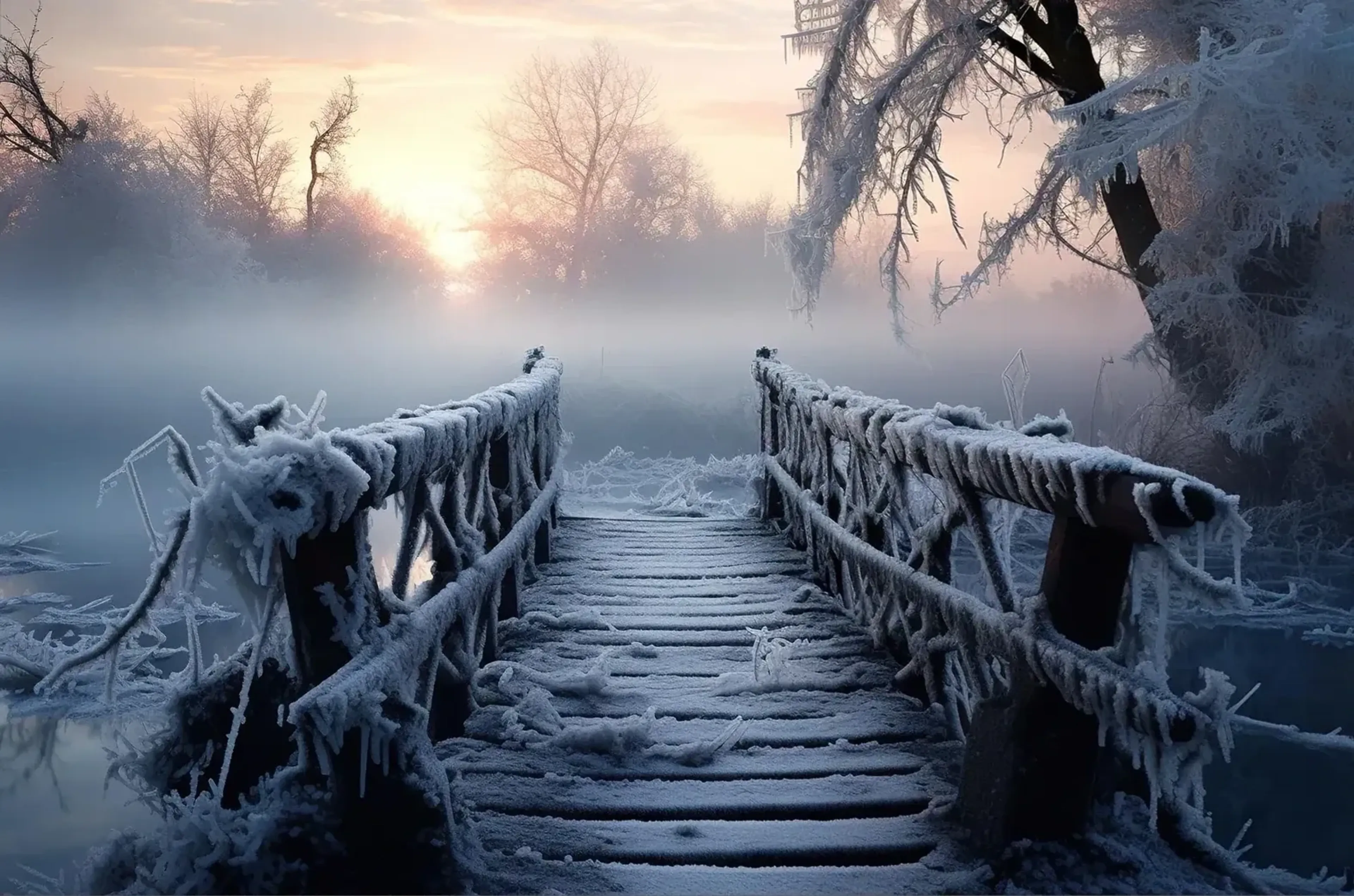 Ein frostbedeckter Holzsteg mit Seilgeländern führt zum nebligen Wasser, umrahmt von bereiften Bäumen.