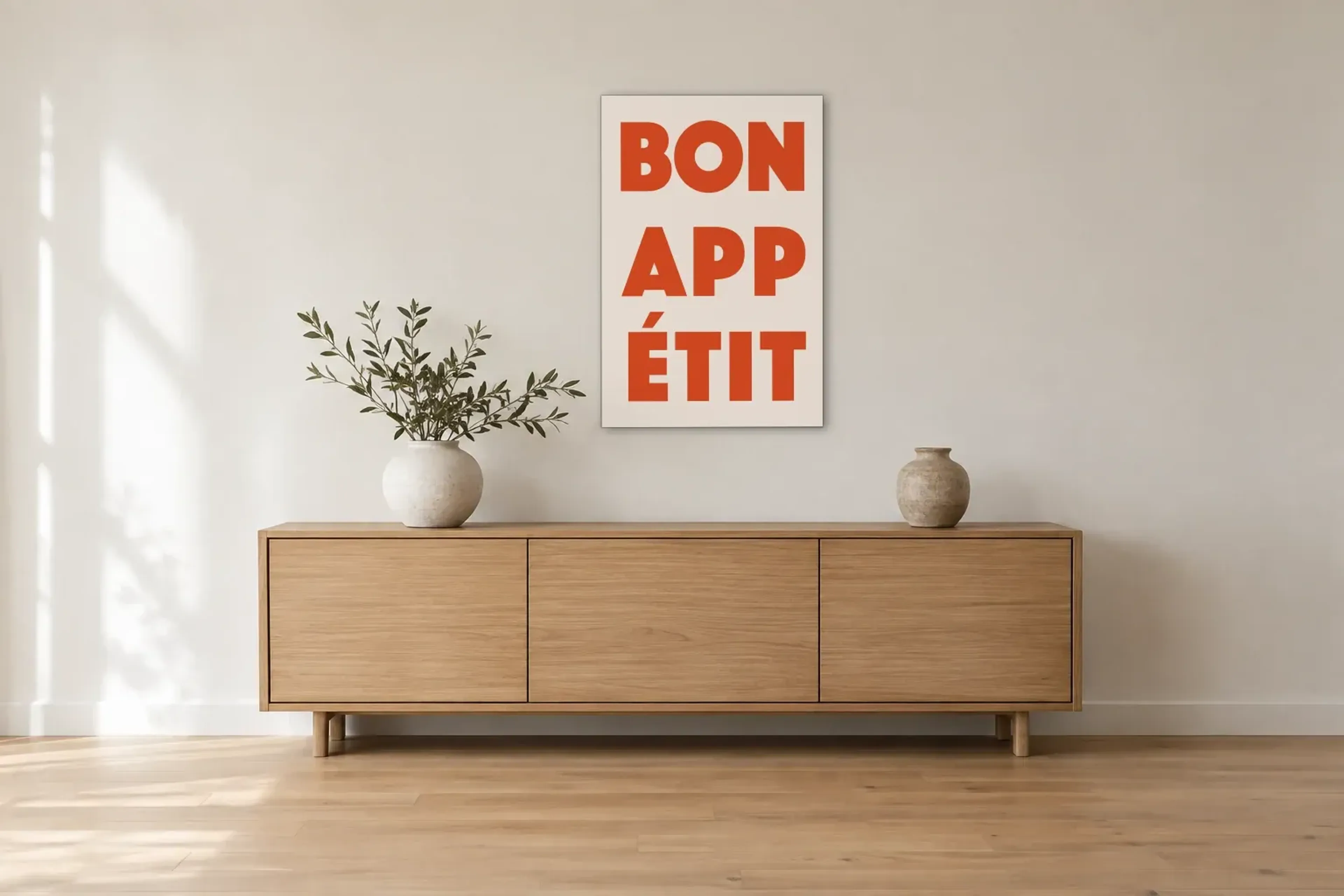 Bon Appetit als Wandbild über einem 180-cm-Sideboard