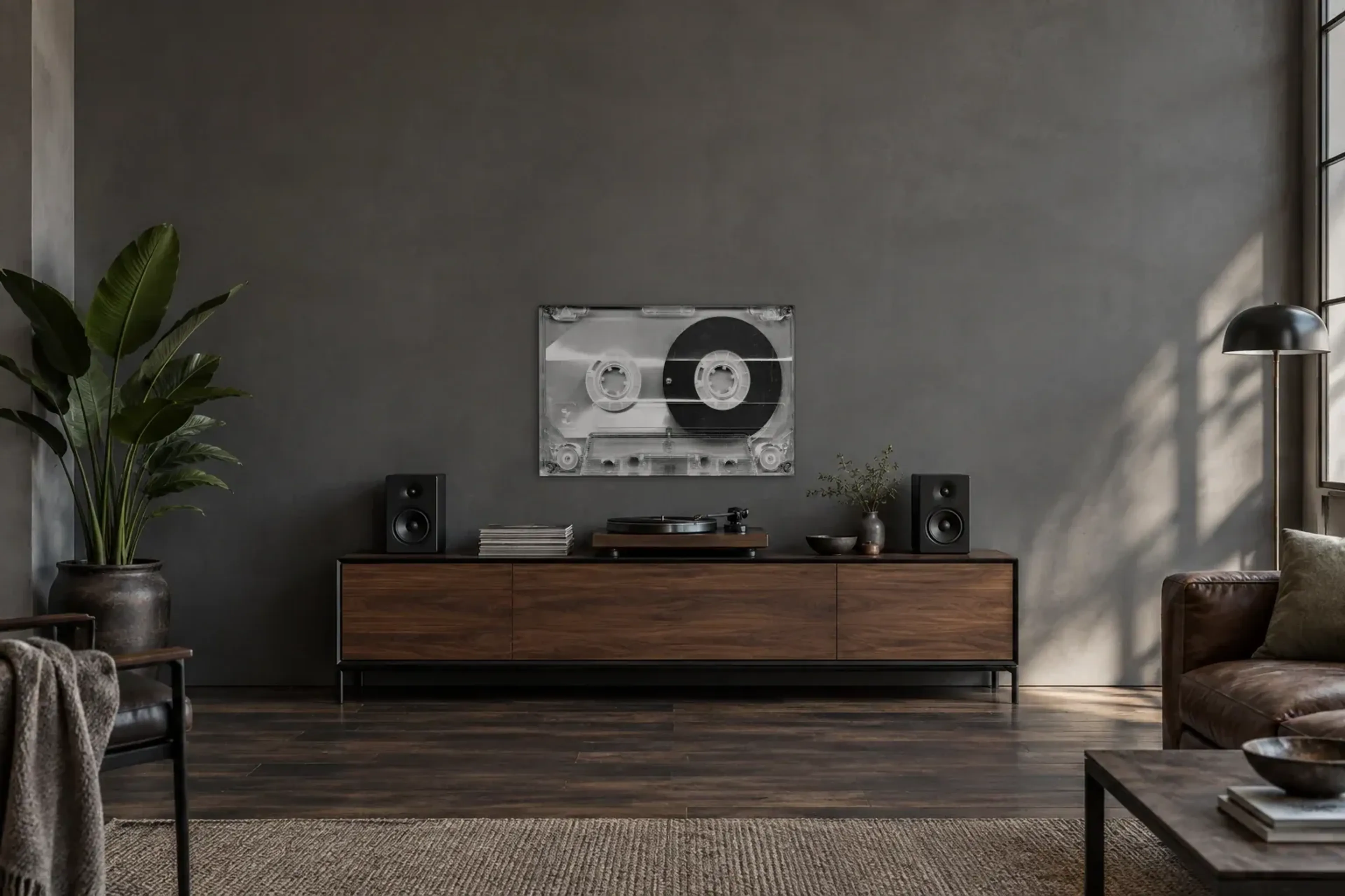 Musik-Kassette durchsichtig als Wandbild über einem 200-cm-Sideboard
