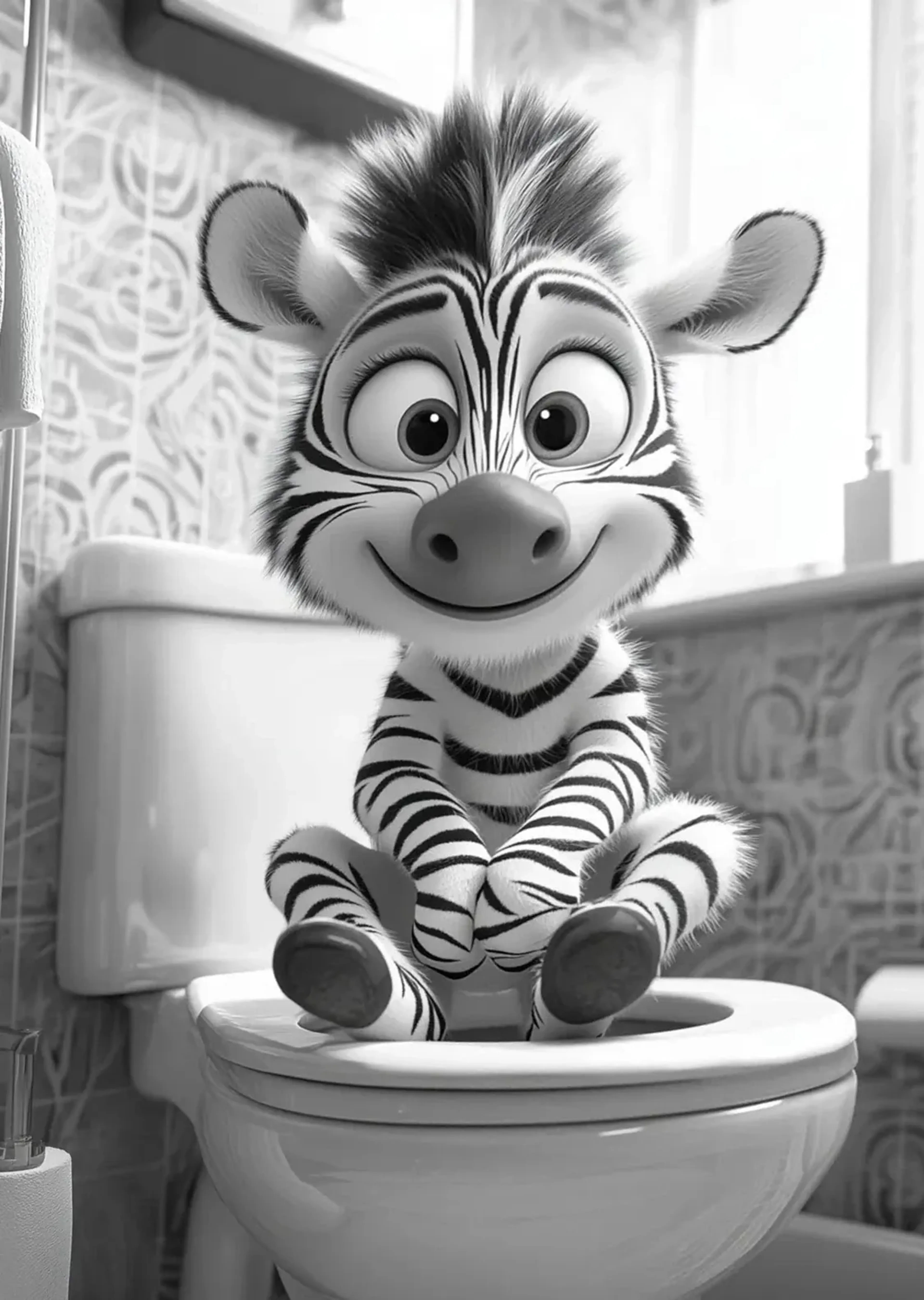 Ein lächelndes kleines Zebra sitzt auf einer Toilette vor gemusterten Badezimmerwänden in Schwarz-Weiß.