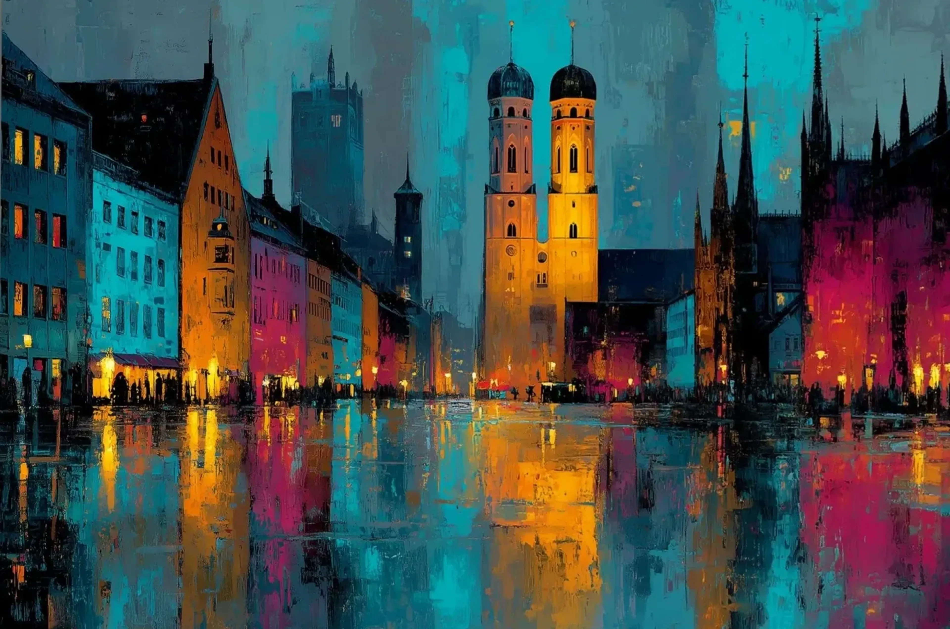 Gelb-orange Türme der Frauenkirche zwischen bunten Fassaden spiegeln sich auf einem glänzenden Platz.