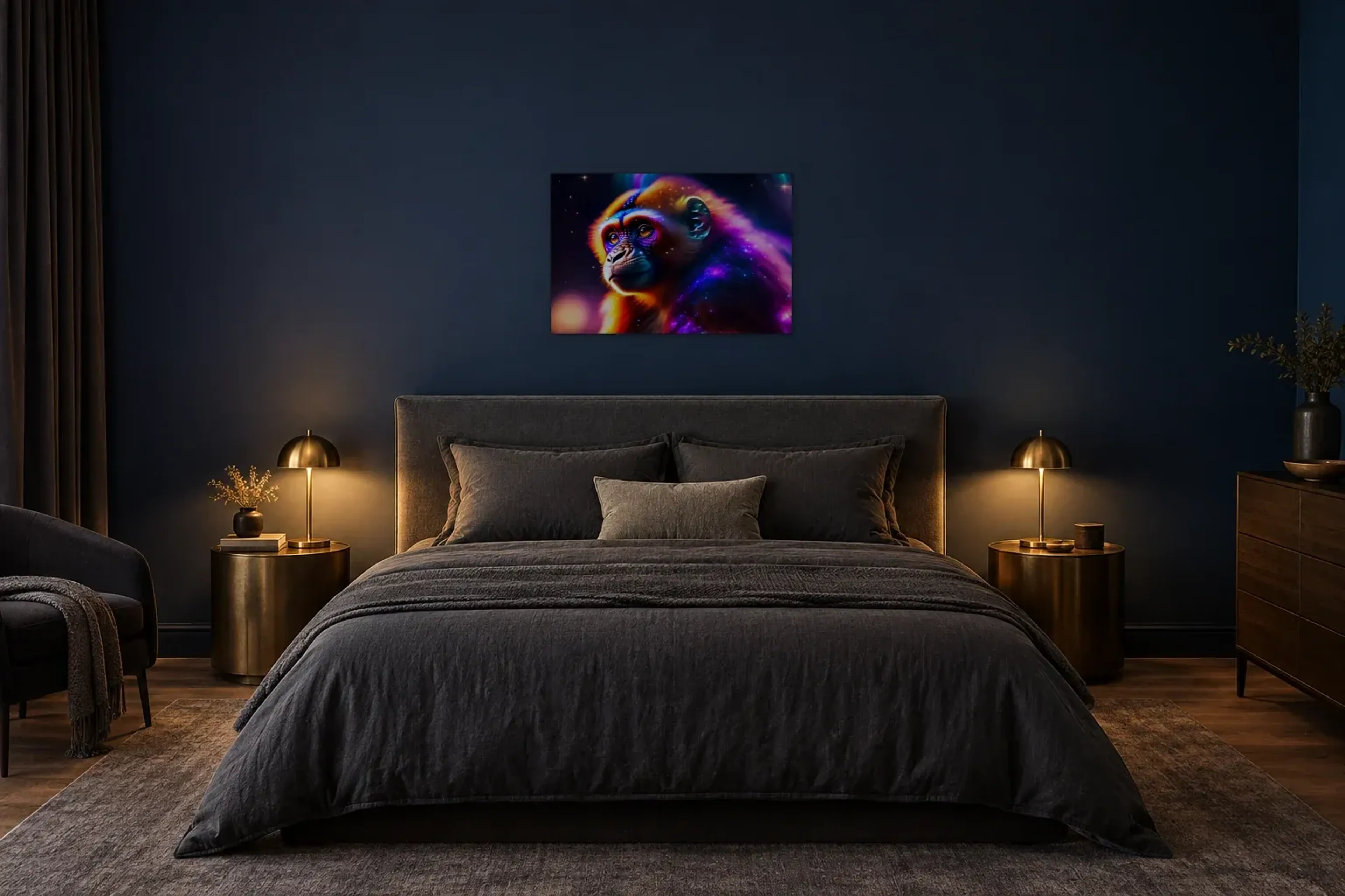 Affe im Sternenlicht als Wandbild über einem 180-cm-Bett