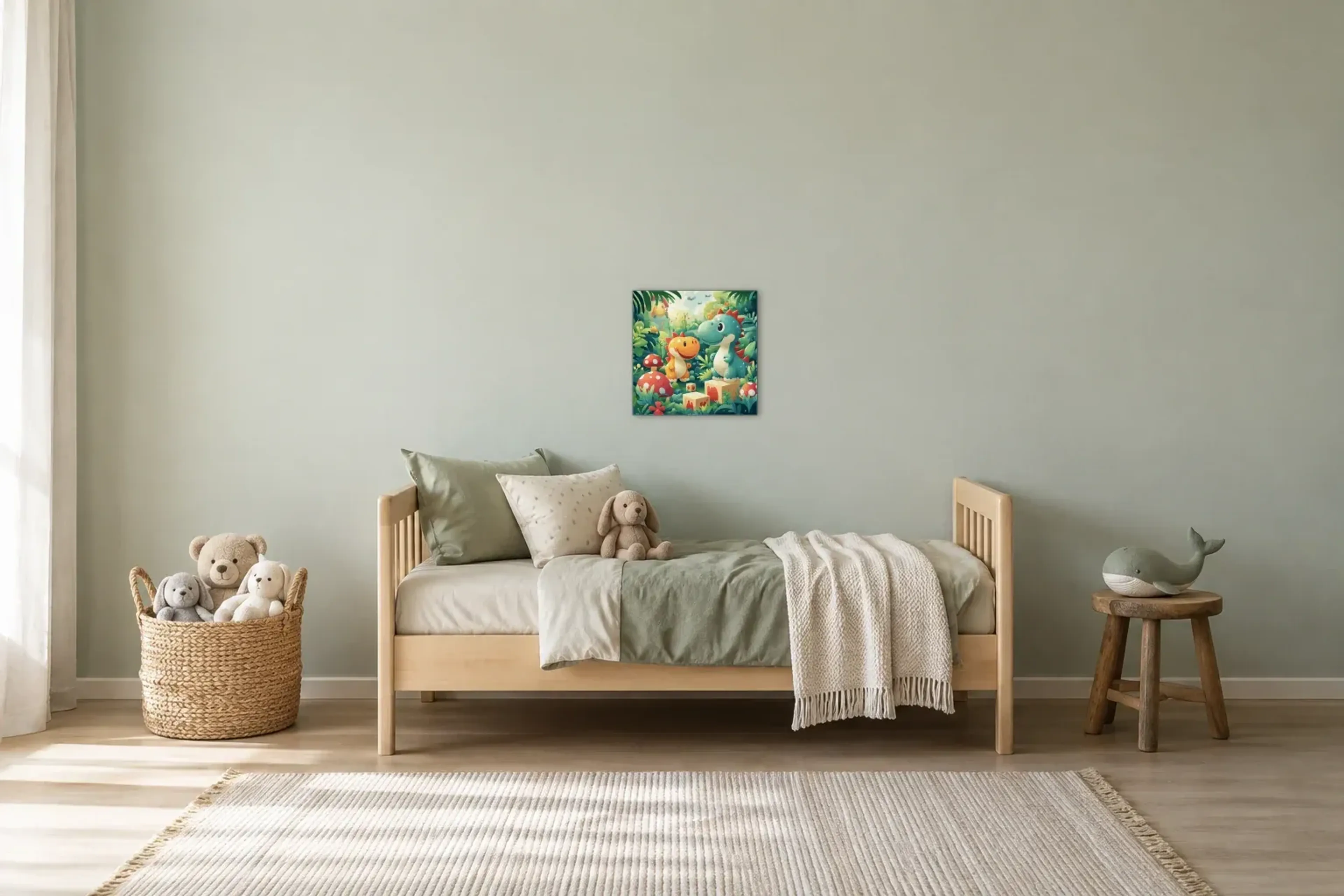 Dinofreunde zwischen Fliegenpilzen als Wandbild über einem 200-cm-Kinderbett