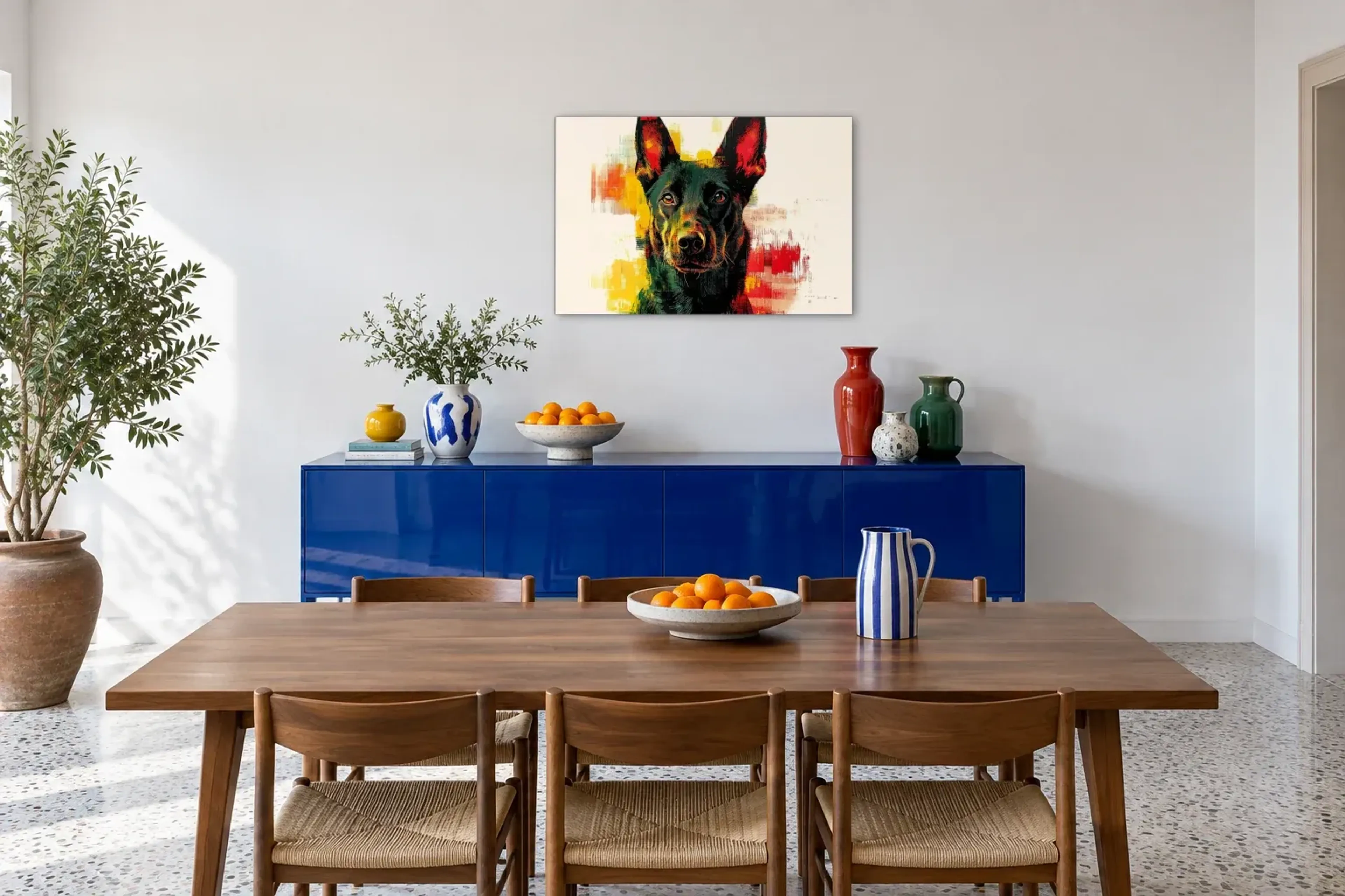 Malinois mit wachem Blick als Wandbild über einem 180-cm-Sideboard