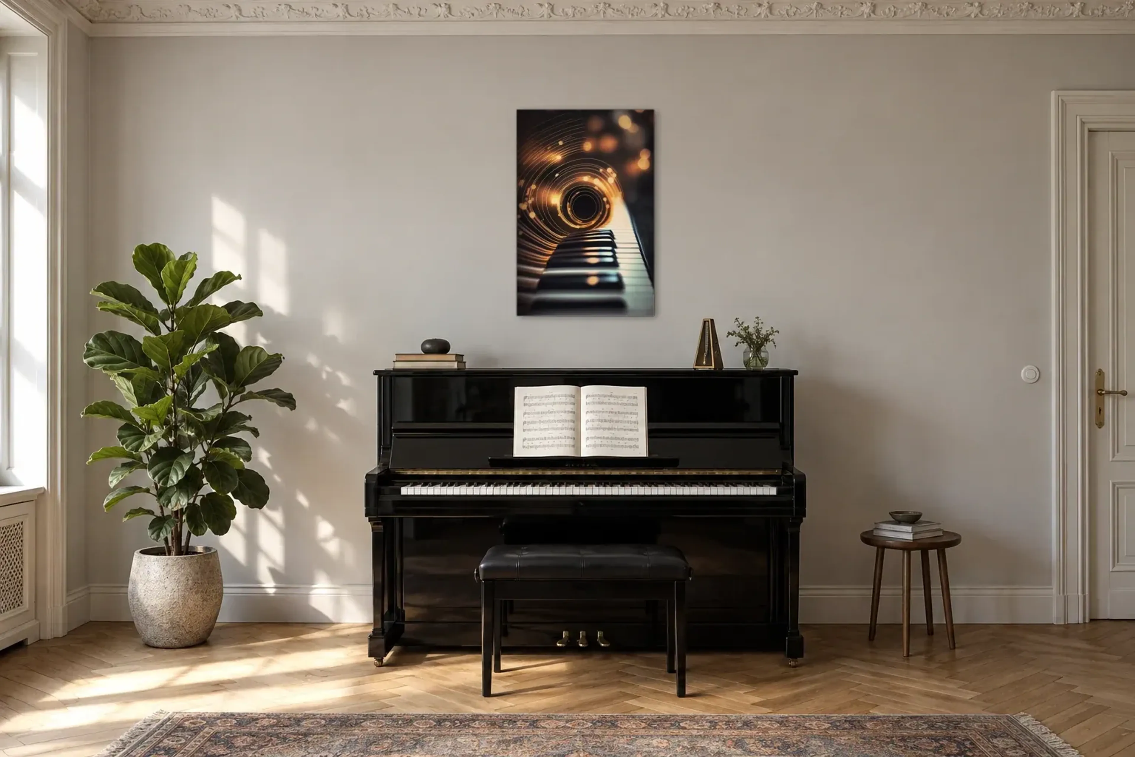 Klaviertasten im Lichtwirbel als Wandbild über einem 150-cm-Klavier