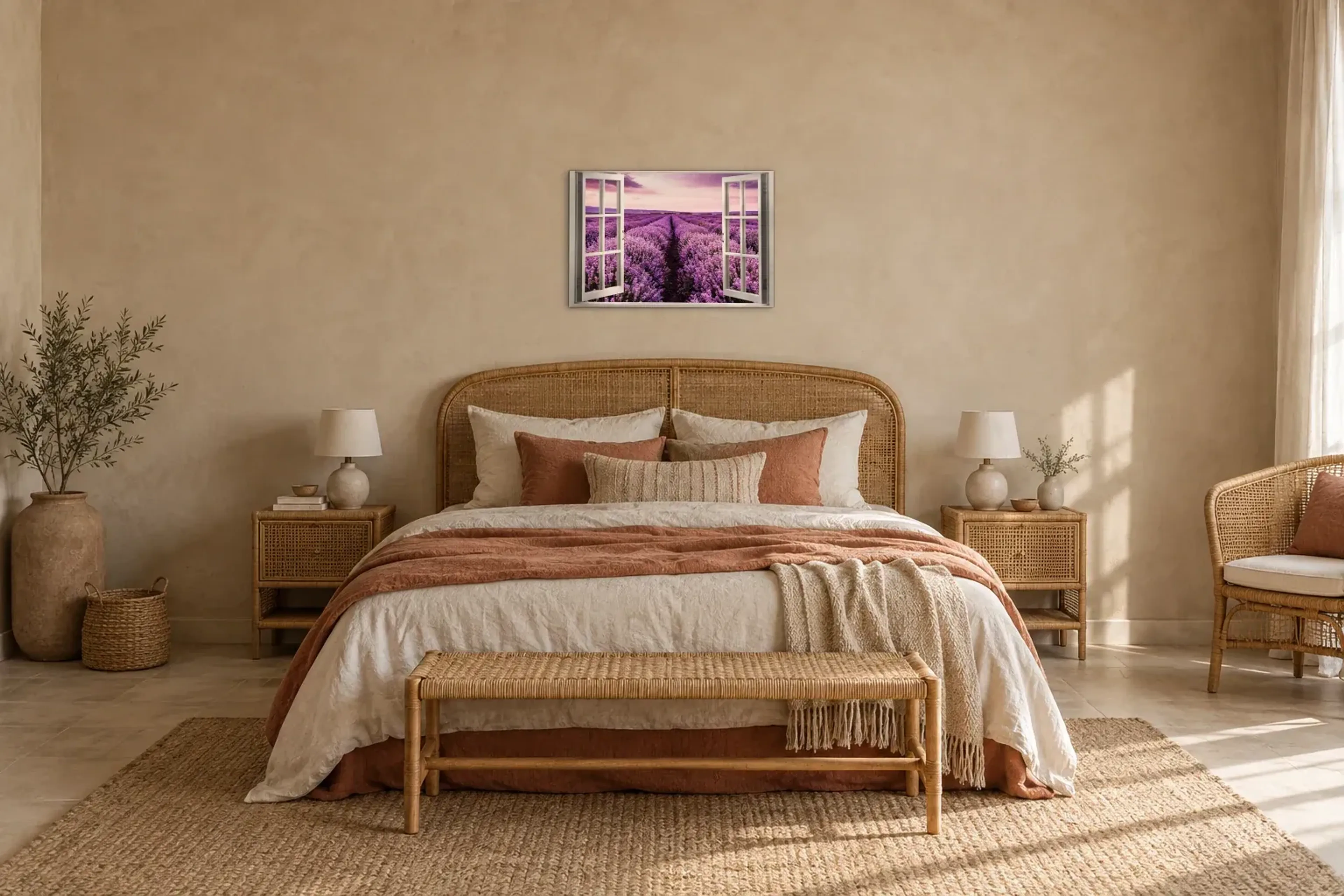 Blick ins Lavendelfeld als Wandbild über einem 180-cm-Bett