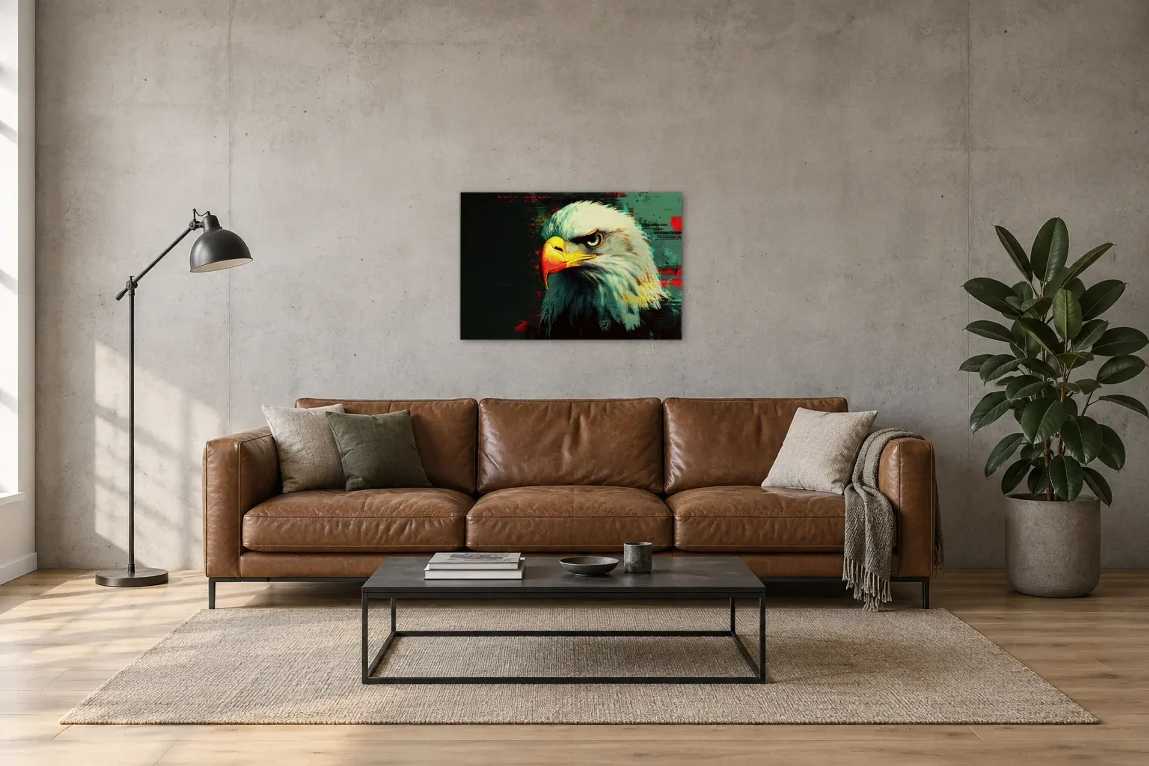 Adler in Türkis als Wandbild über einem 220-cm-Sofa