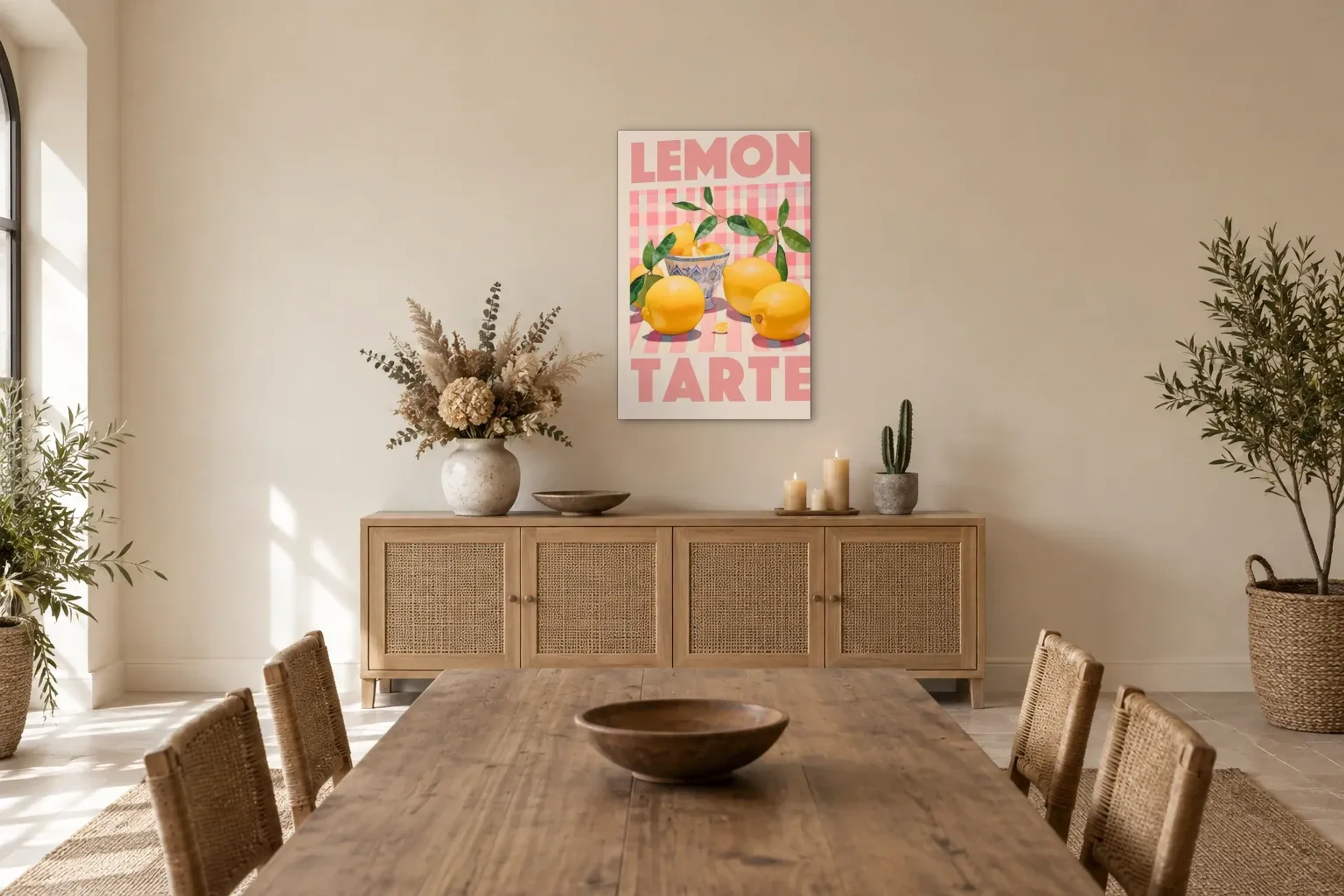 Zitronen auf Rosa als Wandbild über einem 160-cm-Sideboard