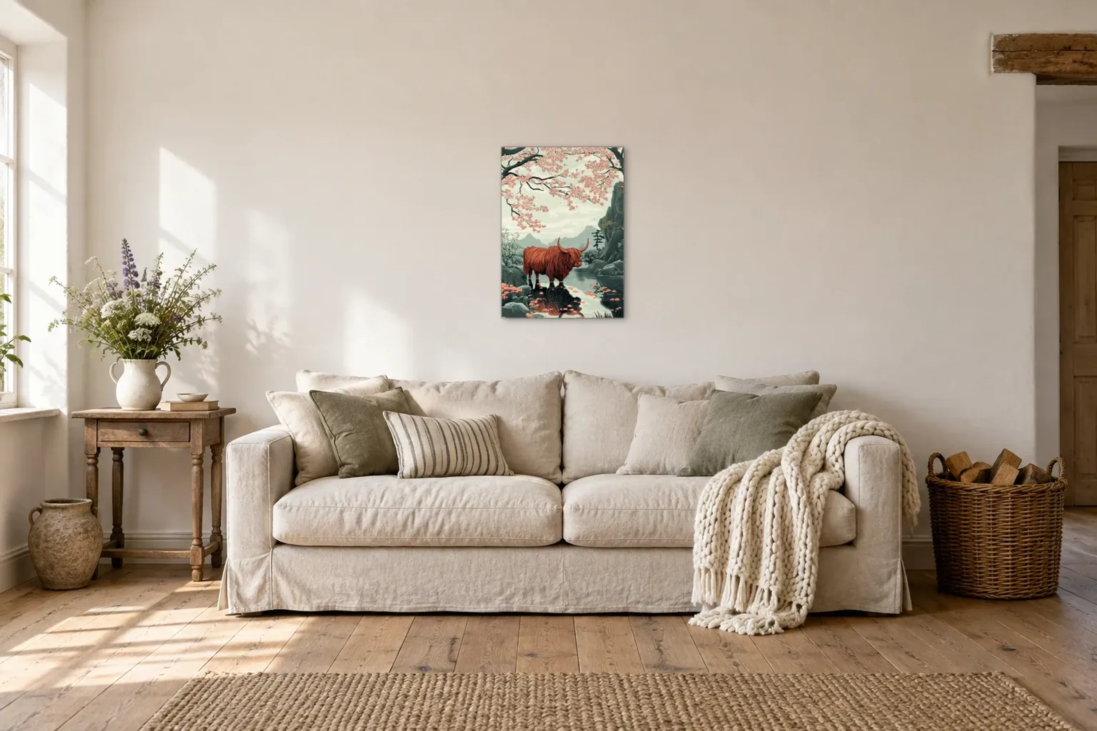 Hochlandrind unter Kirschblüten als Wandbild über einem 220-cm-Sofa