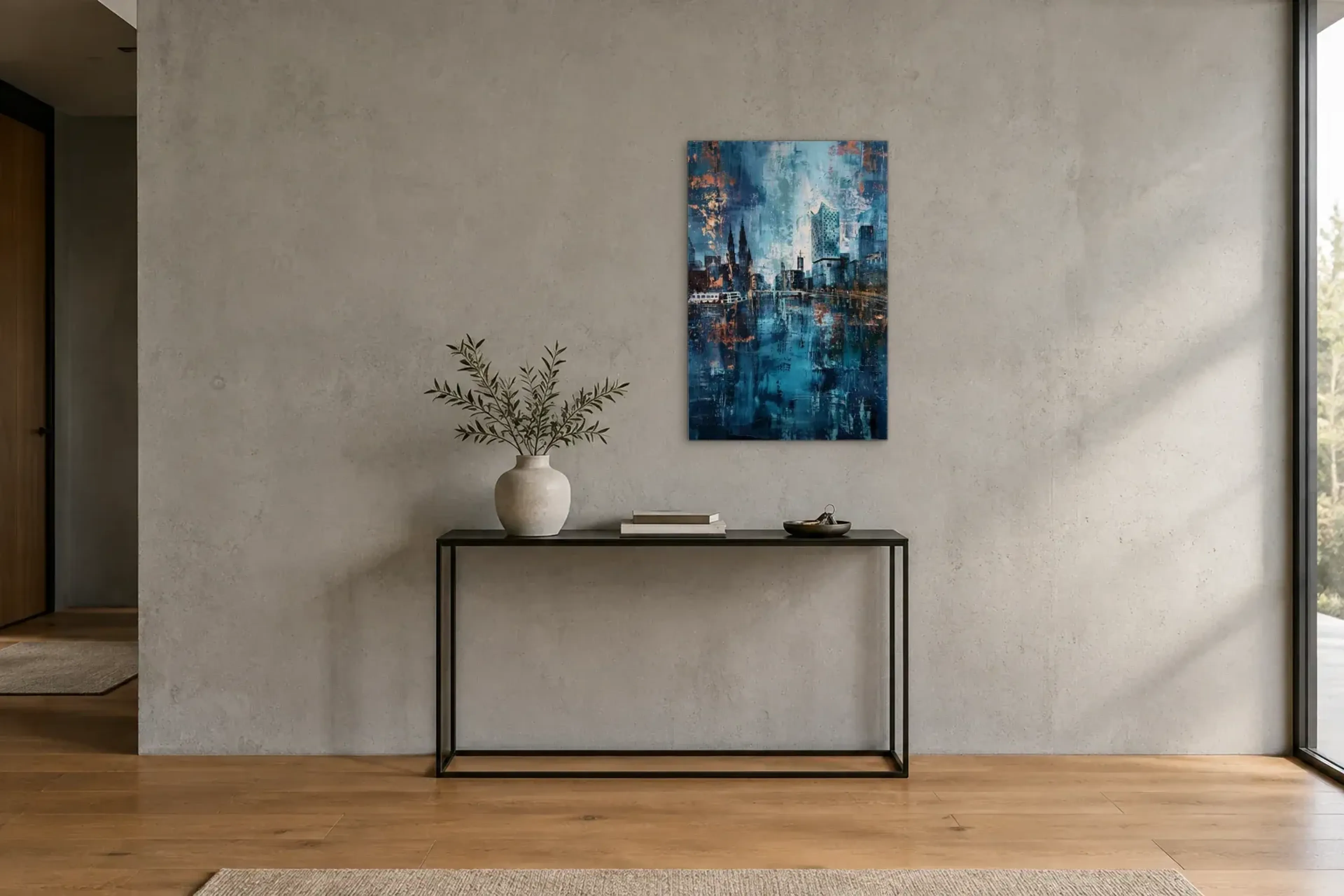 Hamburg in blauen Strukturen als Wandbild über einer 120-cm-Konsole