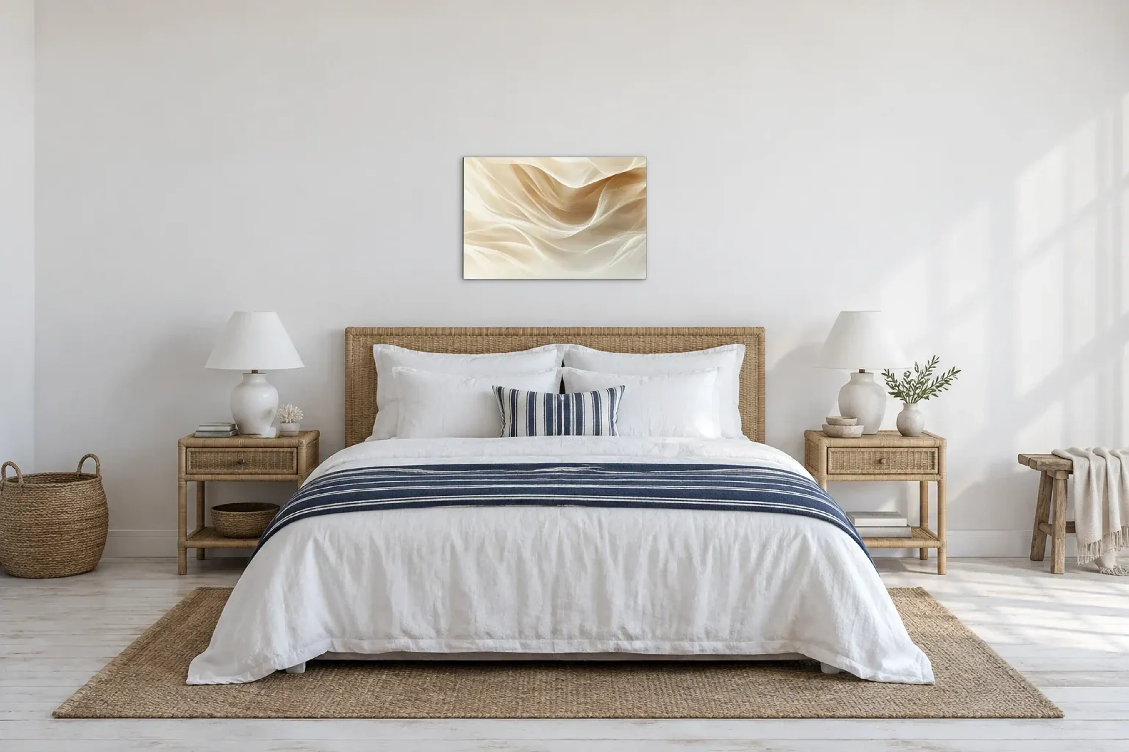 Sanfte Lichtwellen als Wandbild über einem 180-cm-Bett