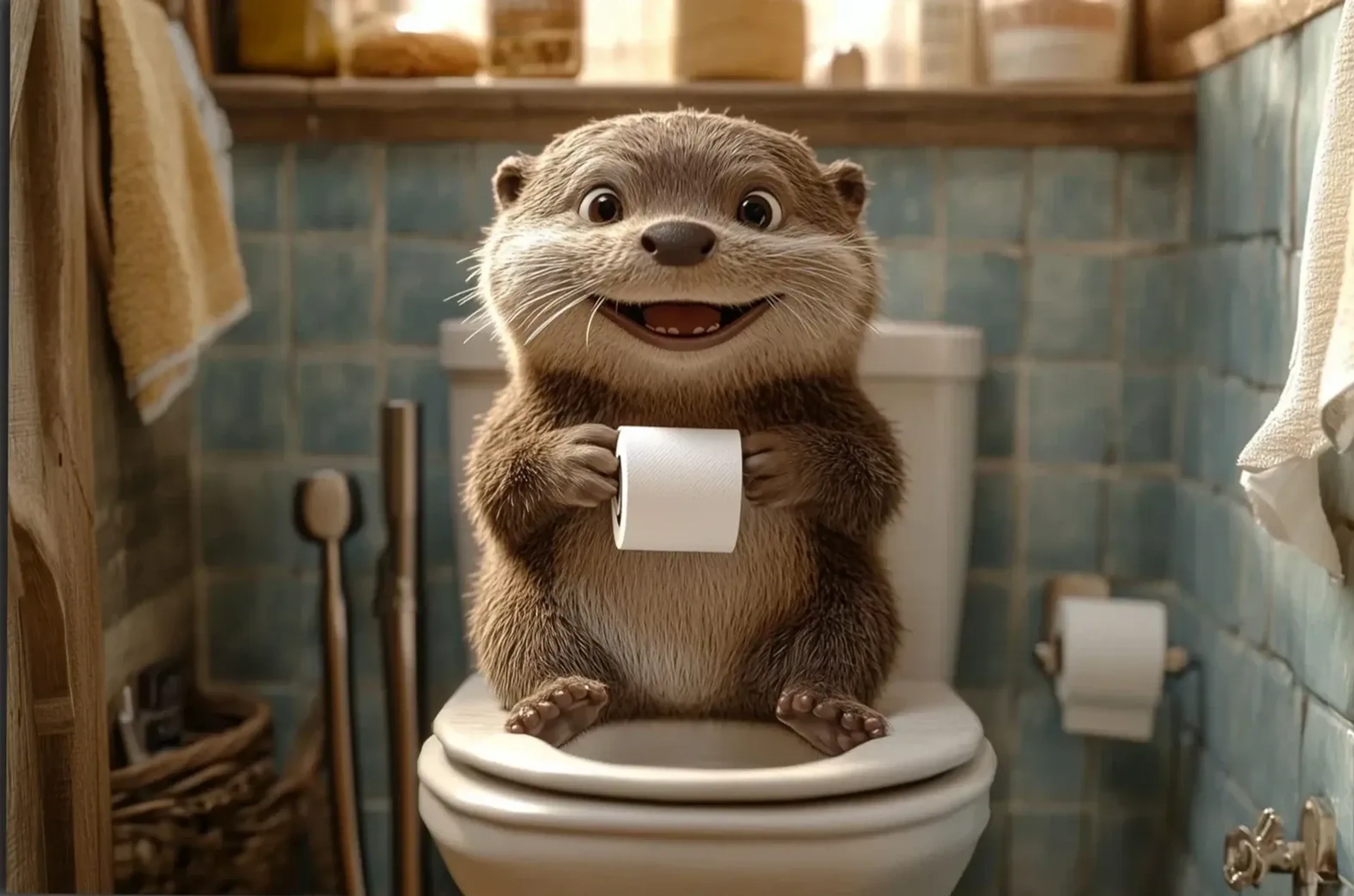 Otter im blauen Bad – Motiv als Wandbild auf Holz