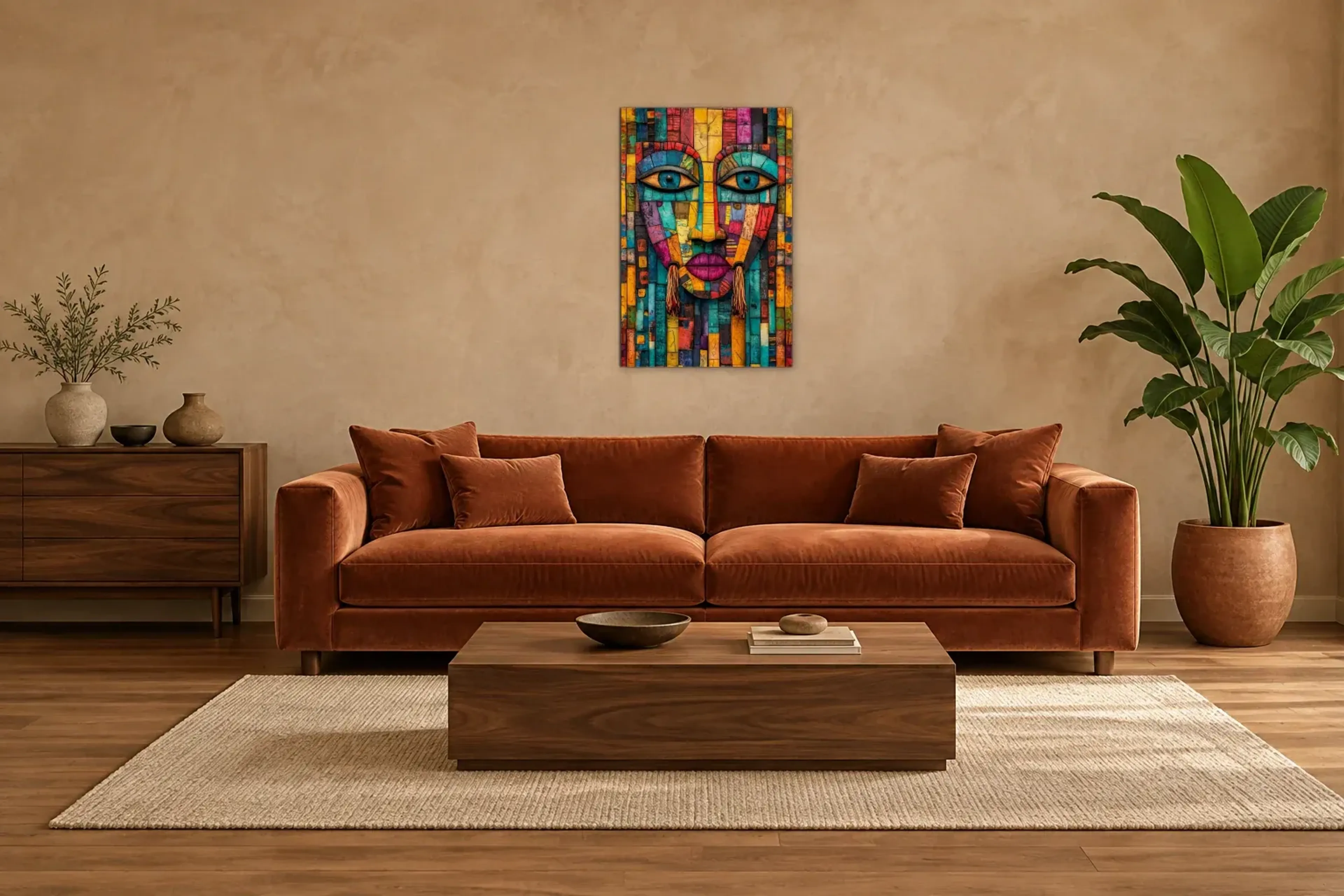 Gesicht aus bunten Feldern als Wandbild über einem 220-cm-Sofa