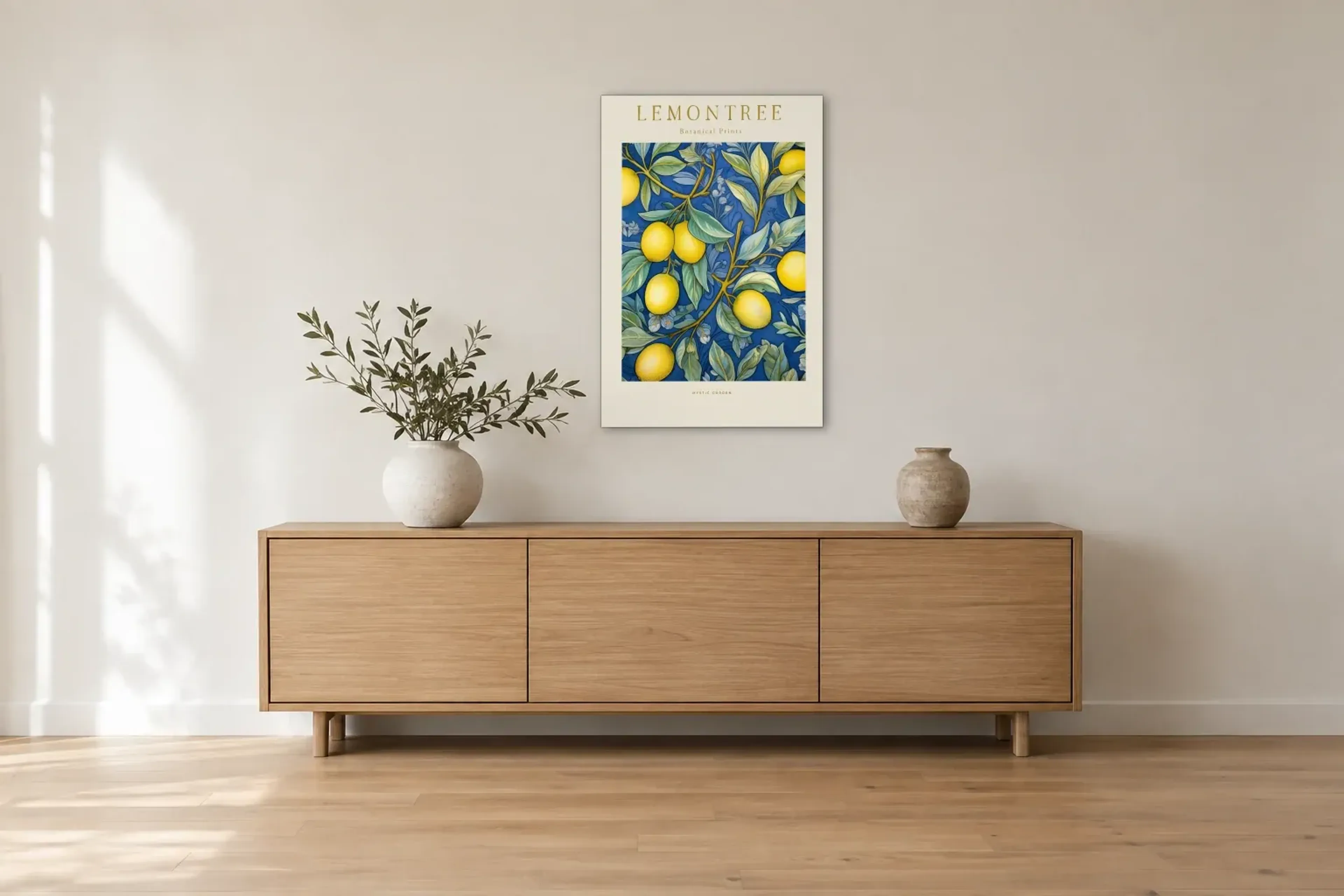 Lemontree Zitronen als Wandbild über einem 180-cm-Sideboard