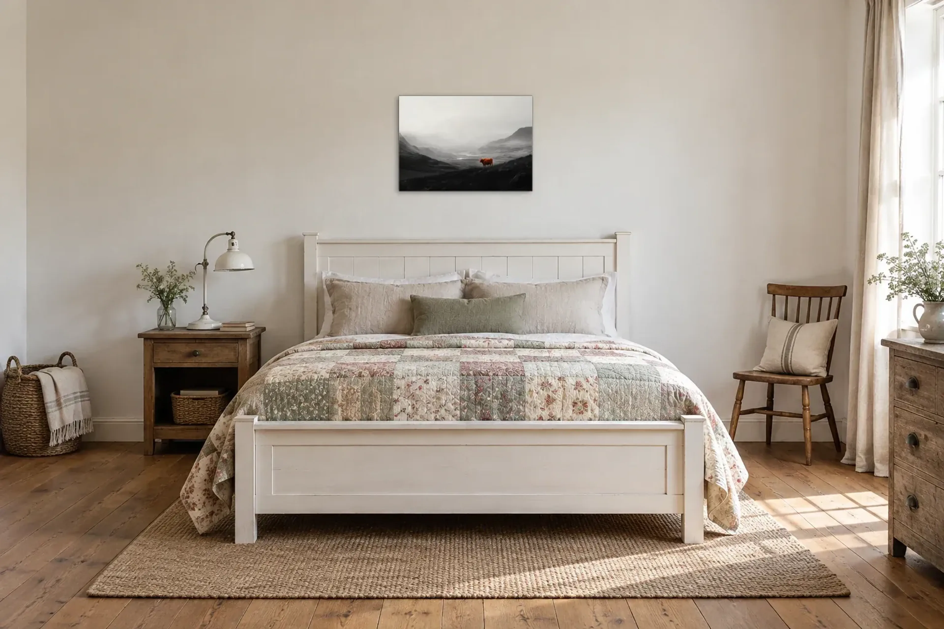 Hochlandrind im Nebeltal als Wandbild über einem 160-cm-Bett