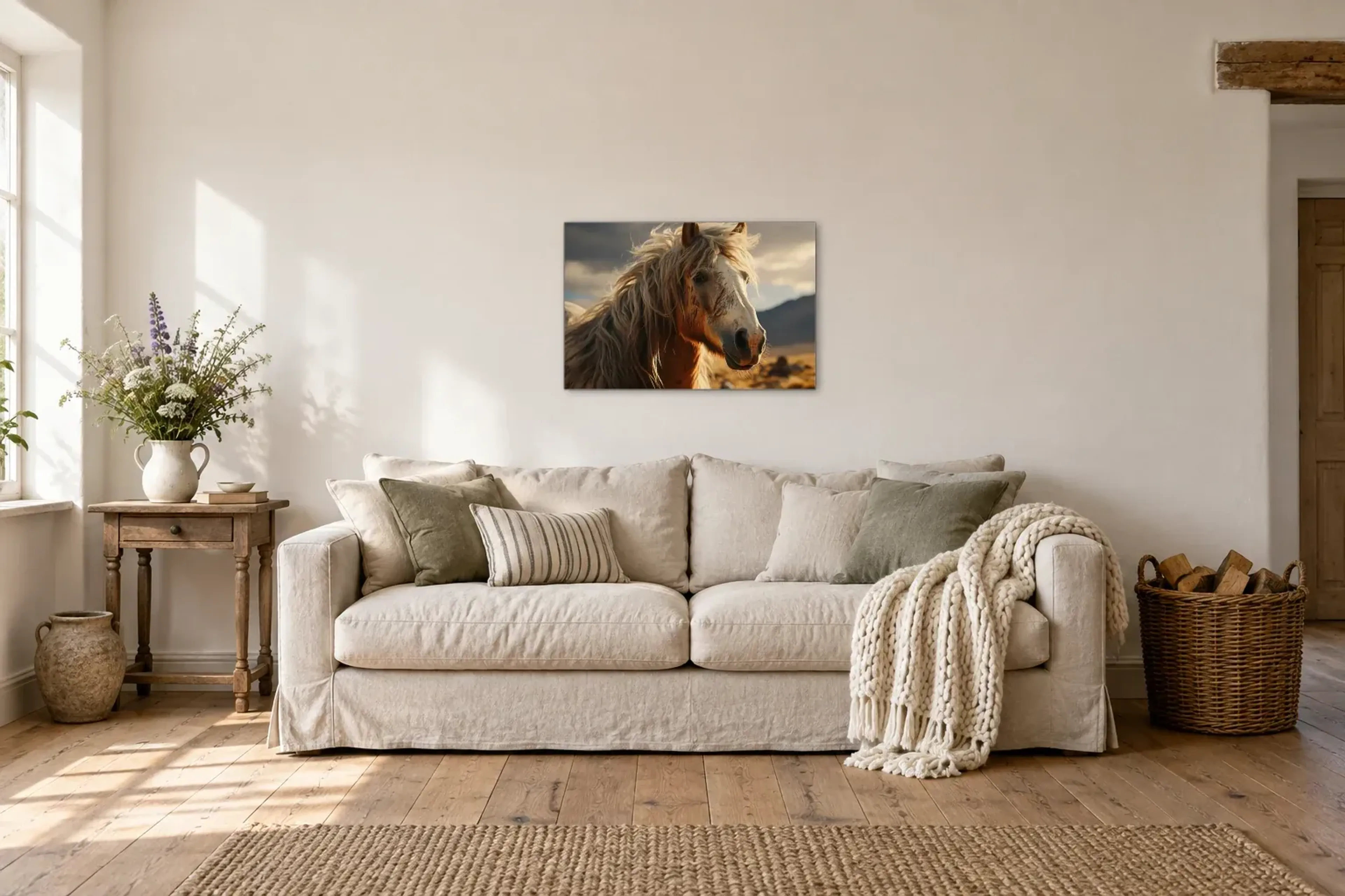 Pferdeporträt im Abendlicht als Wandbild über einem 220-cm-Sofa