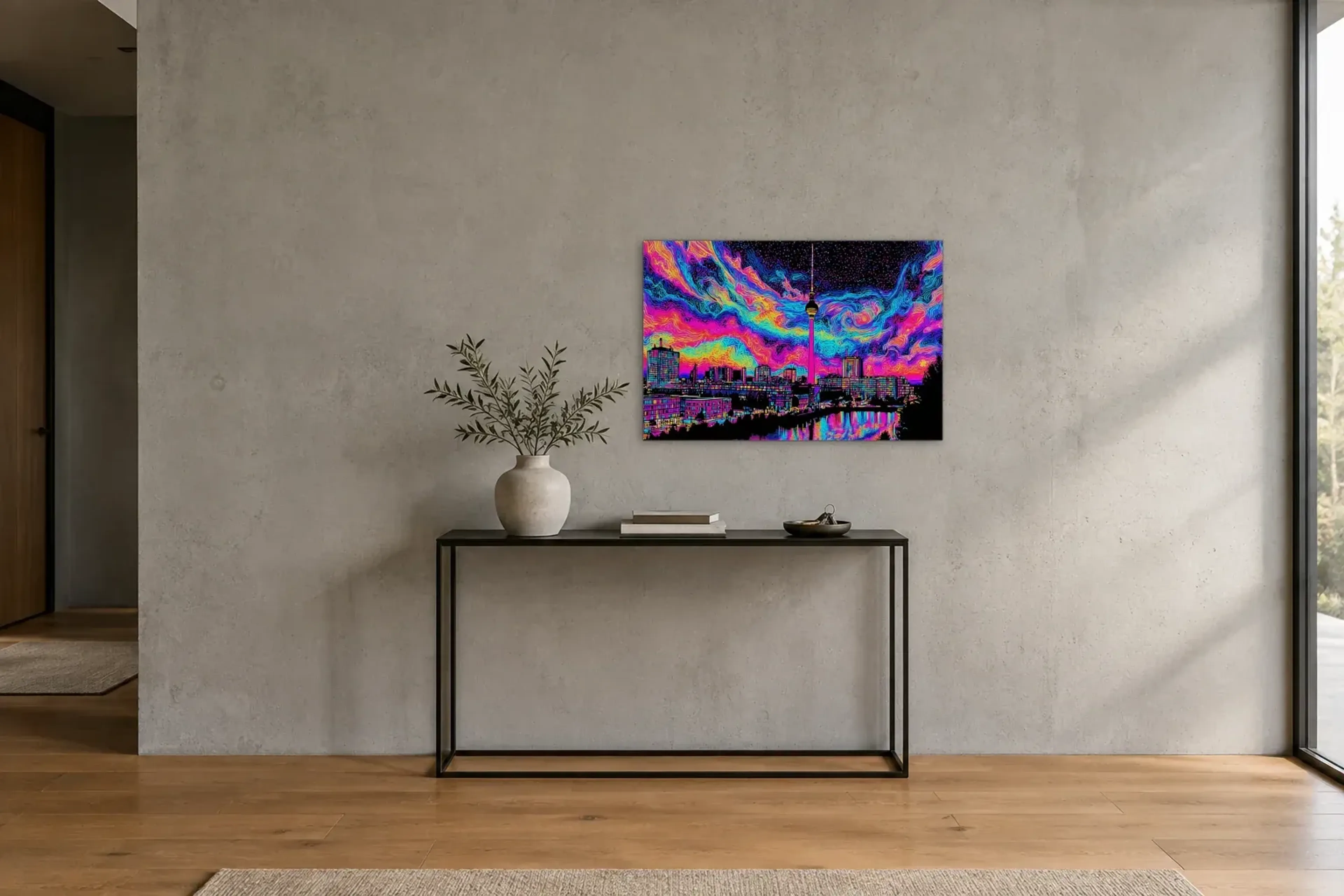 Berlin in Neonwirbeln als Wandbild über einer 120-cm-Konsole