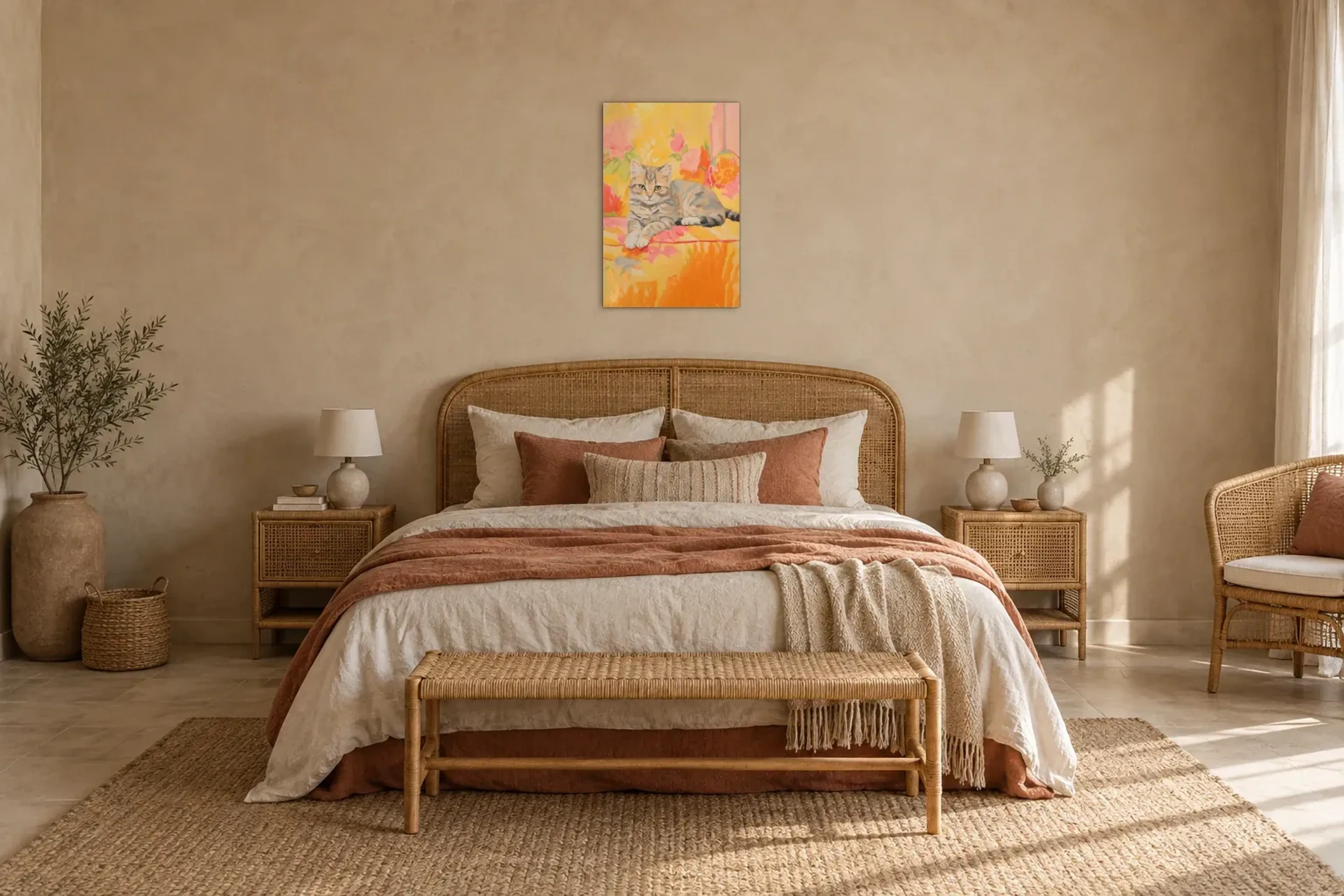 Kätzchen auf Blütenpolster als Wandbild über einem 180-cm-Bett