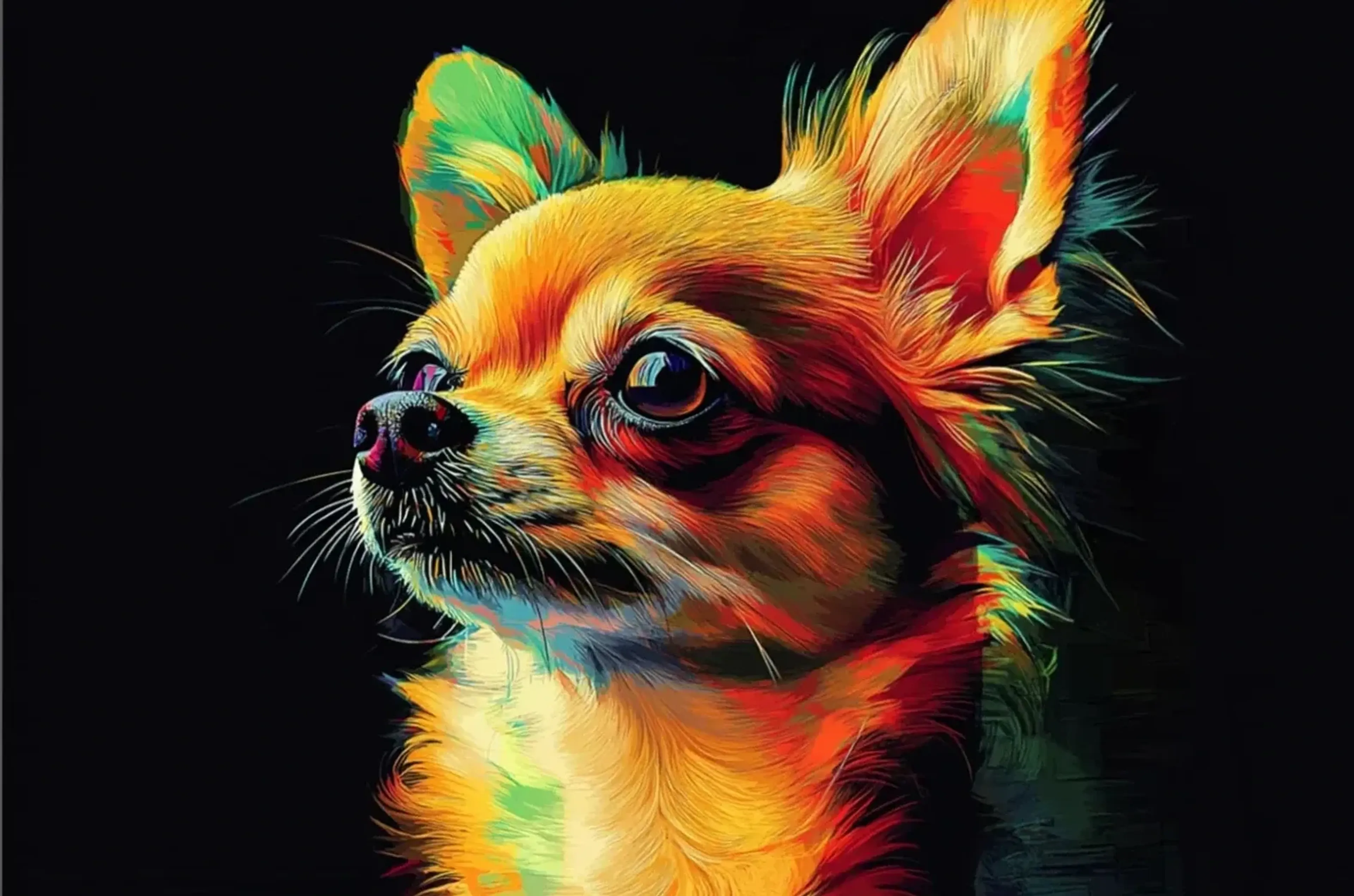 Langhaariger Chihuahua mit großen Augen und aufrechten Ohren in Gelb, Rot und Grün vor schwarzem Hintergrund.