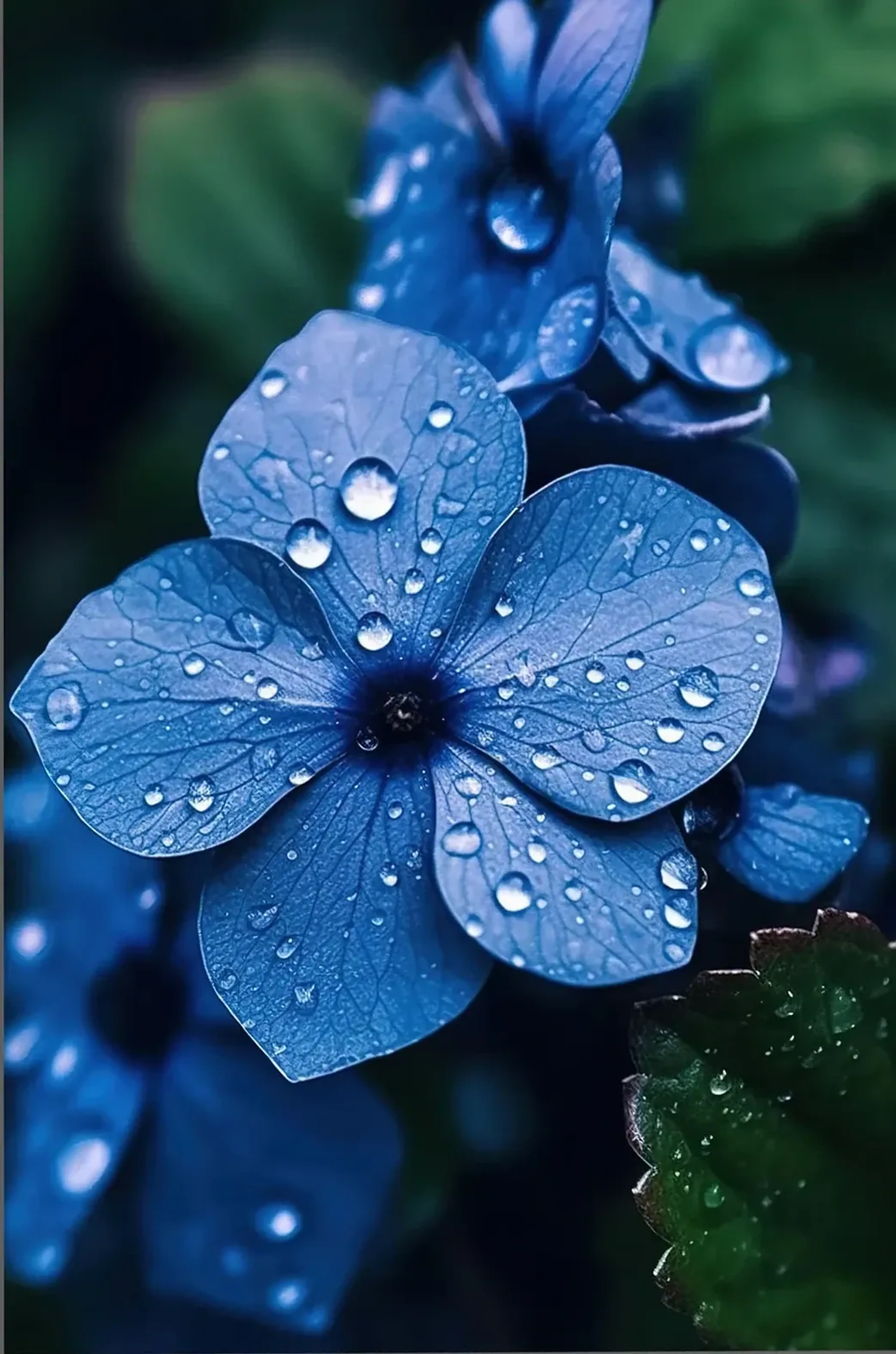 Blaue Blüte mit fein geäderten Blütenblättern und Wassertropfen vor einem dunkelgrünen, unscharfen Hintergrund.