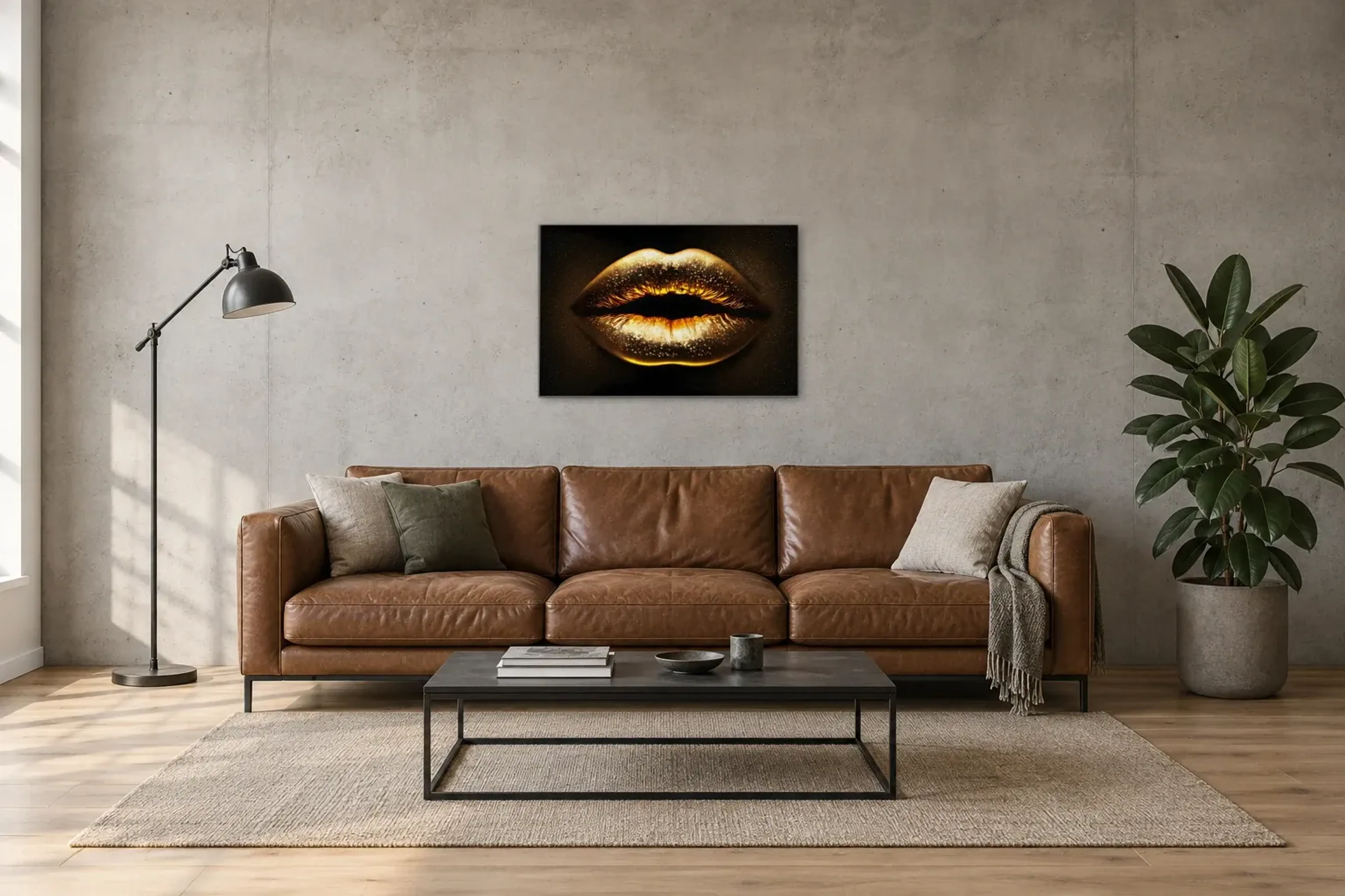 Goldene Lippen als Wandbild über einem 220-cm-Sofa