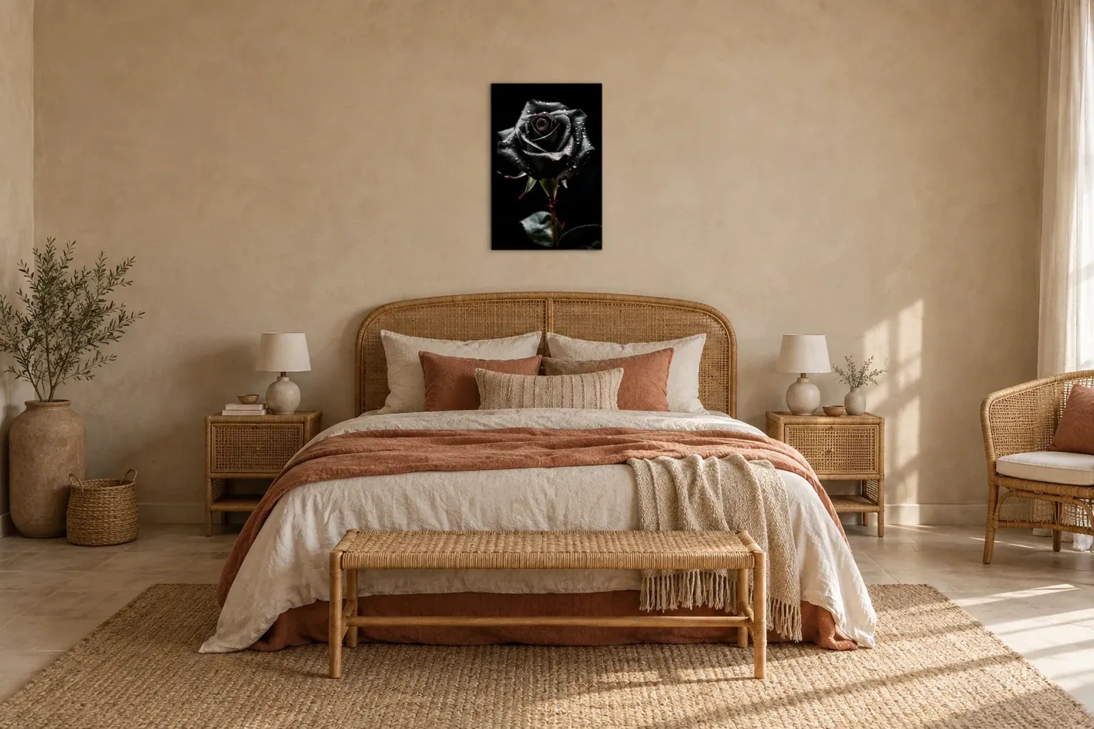 Schwarze Rose als Wandbild über einem 180-cm-Bett
