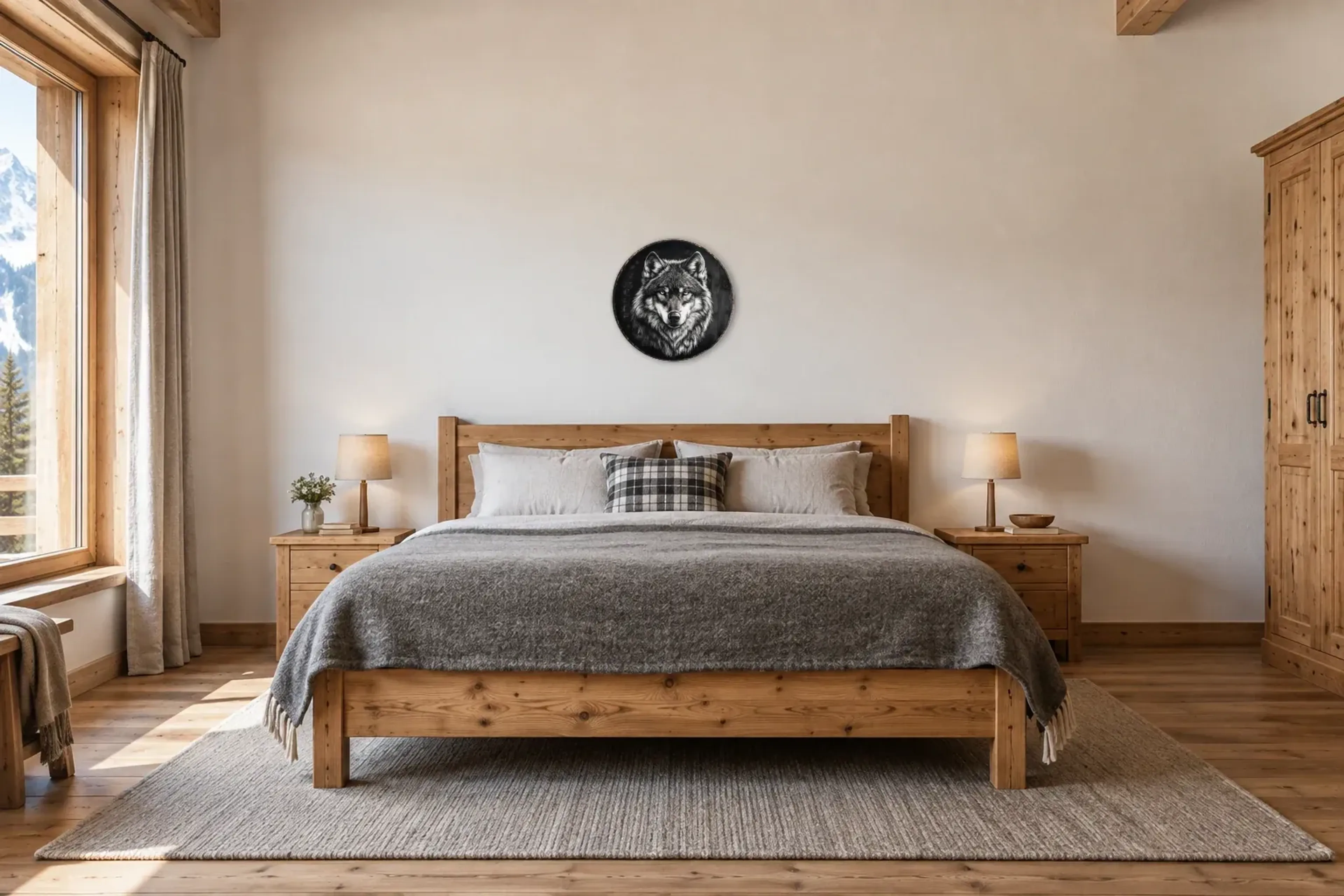 Wolfskopf im Dunkeln als Wandbild über einem 180-cm-Bett