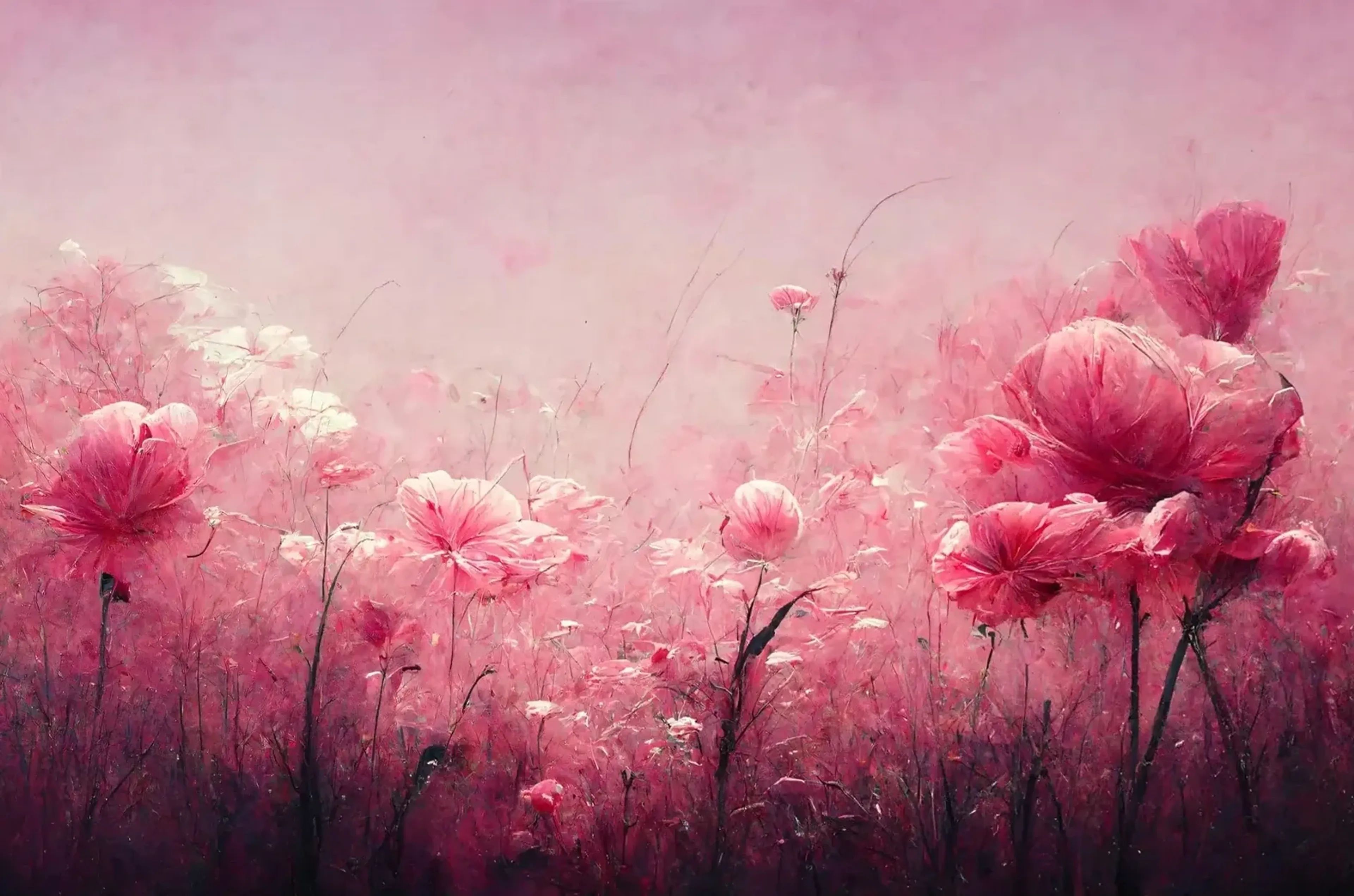 Malerisch wirkende rosa Blüten mit feinen dunklen Stielen vor einem zartrosa Hintergrund.