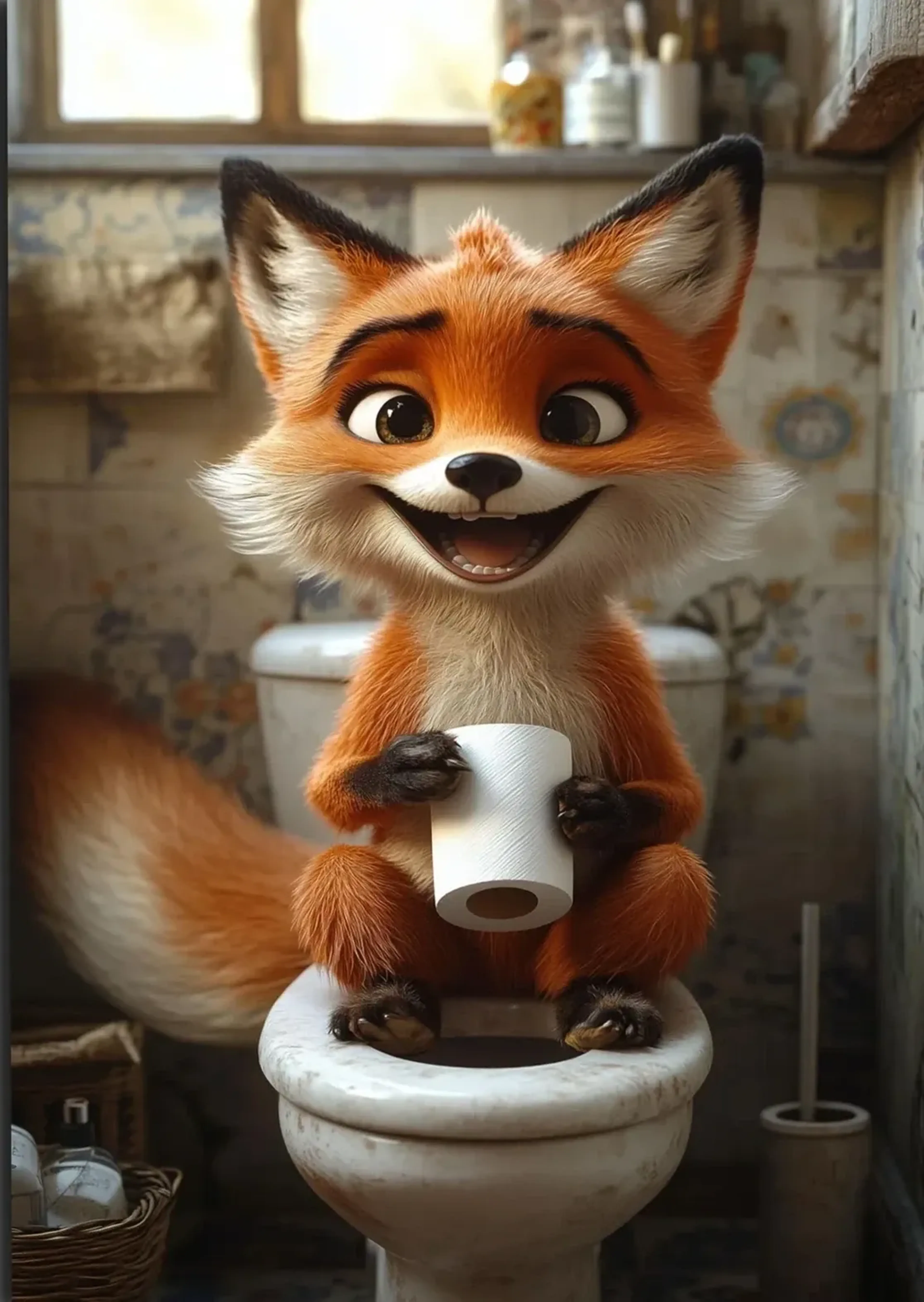 Lächelnder orangefarbener Fuchs mit Toilettenpapierrolle sitzt auf einer Toilette, sein buschiger Schwanz ragt links heraus.