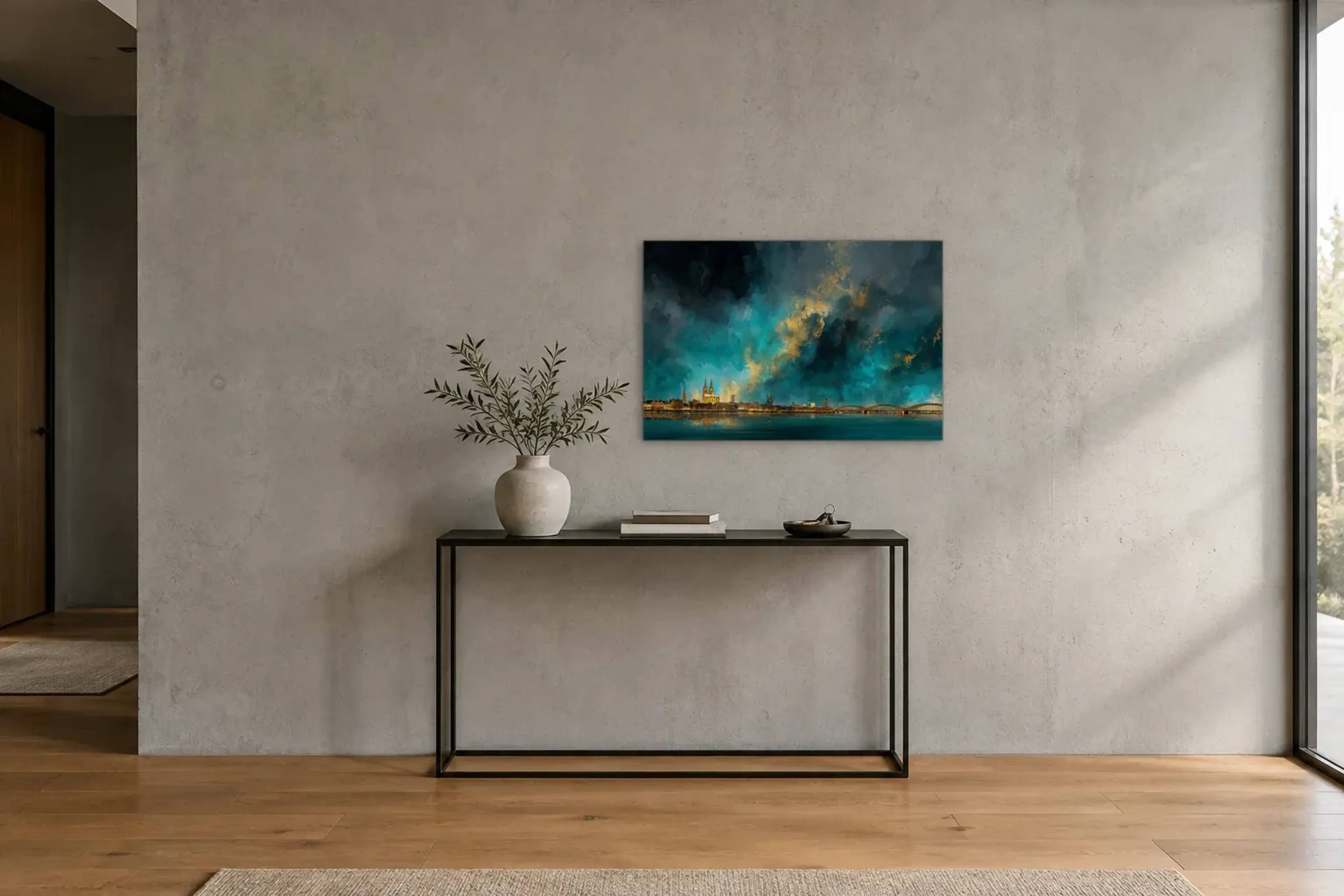 Goldwolken über Köln als Wandbild über einer 120-cm-Konsole