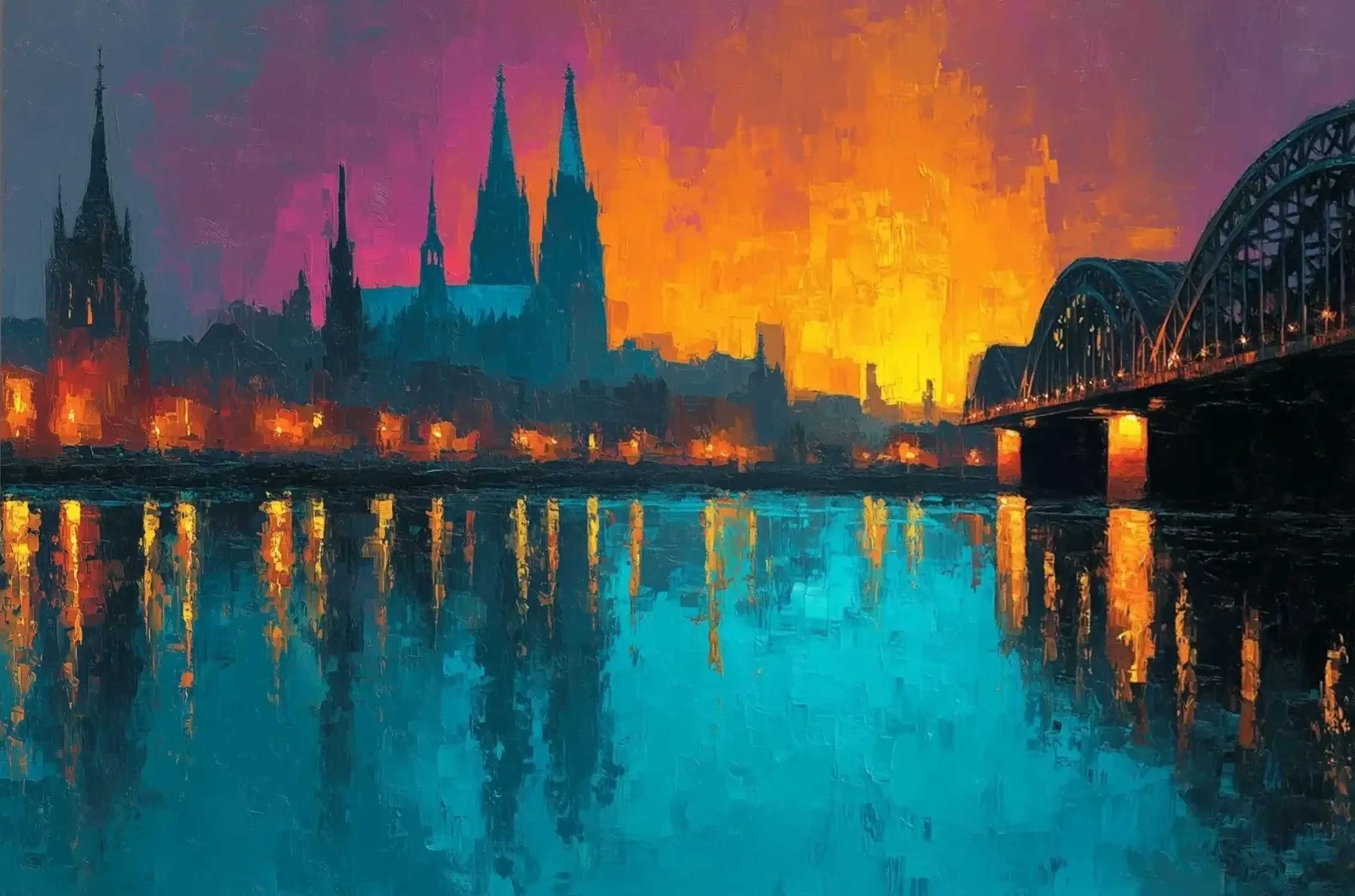 Dunkler Kölner Dom und Brücke vor orangeviolettem Himmel mit goldenen Reflexen im türkisfarbenen Rhein.