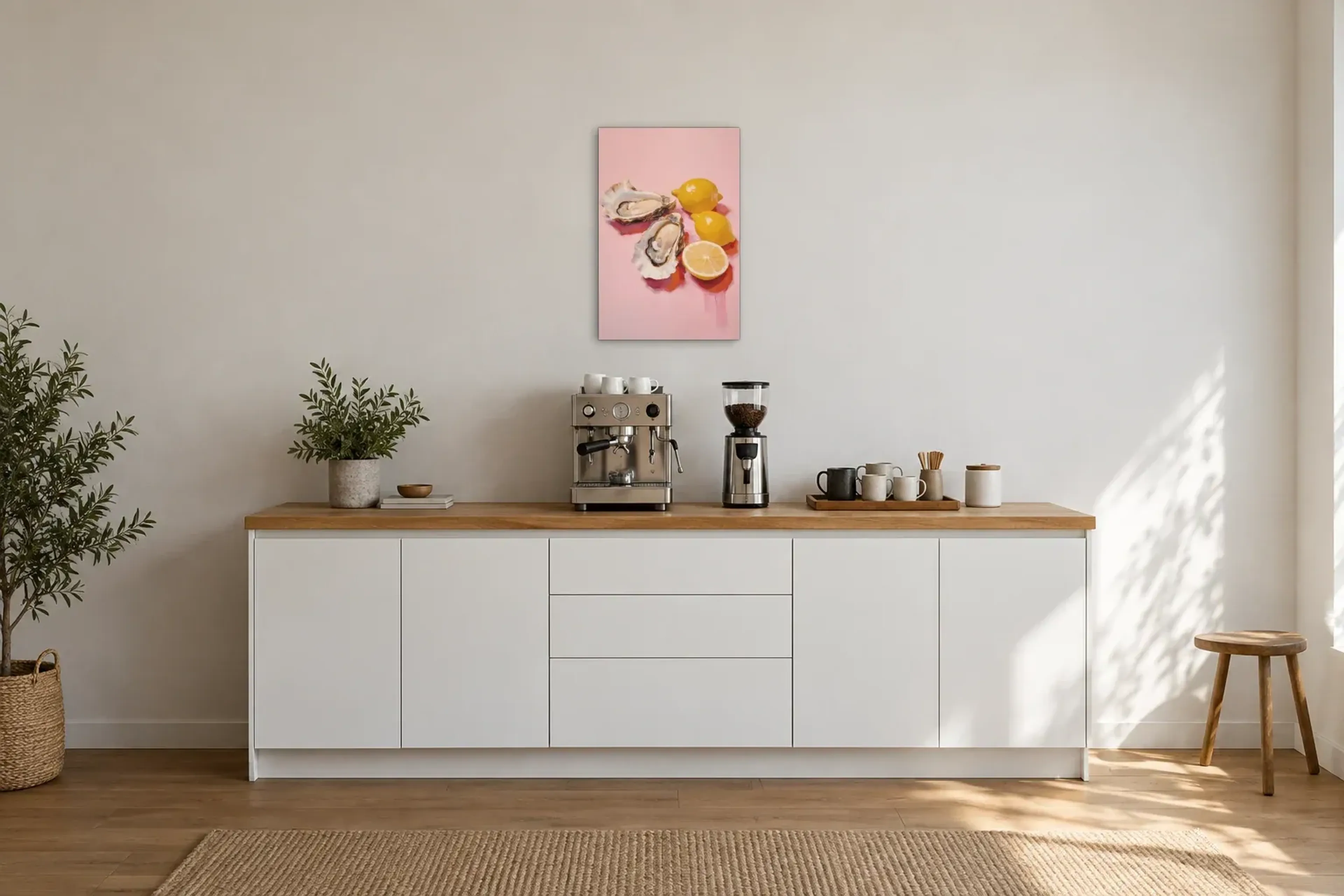 Austern Zitronen als Wandbild über einer 200-cm-Arbeitsplatte