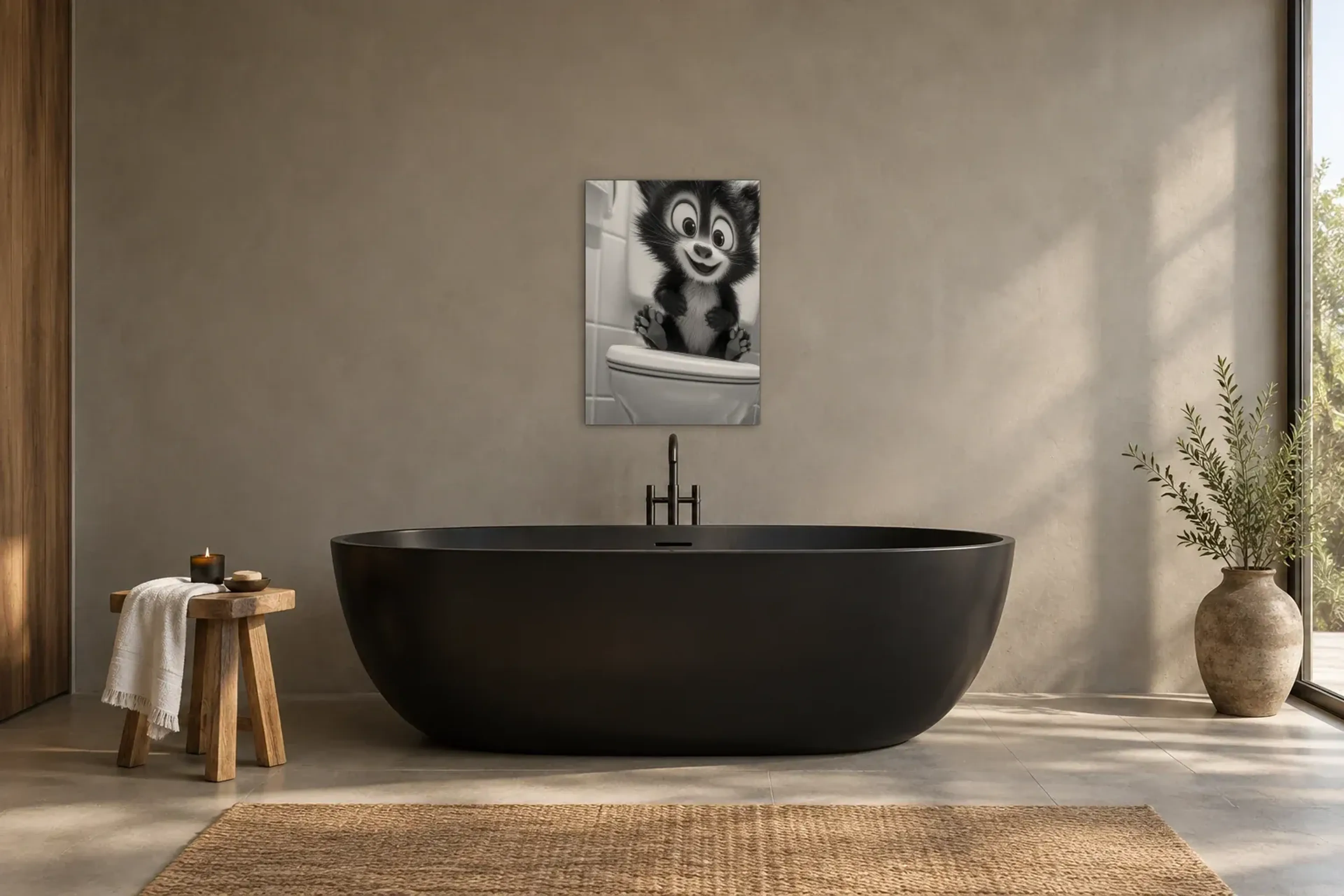 Stinktier auf Toilette als Wandbild über einer 170-cm-Badewanne